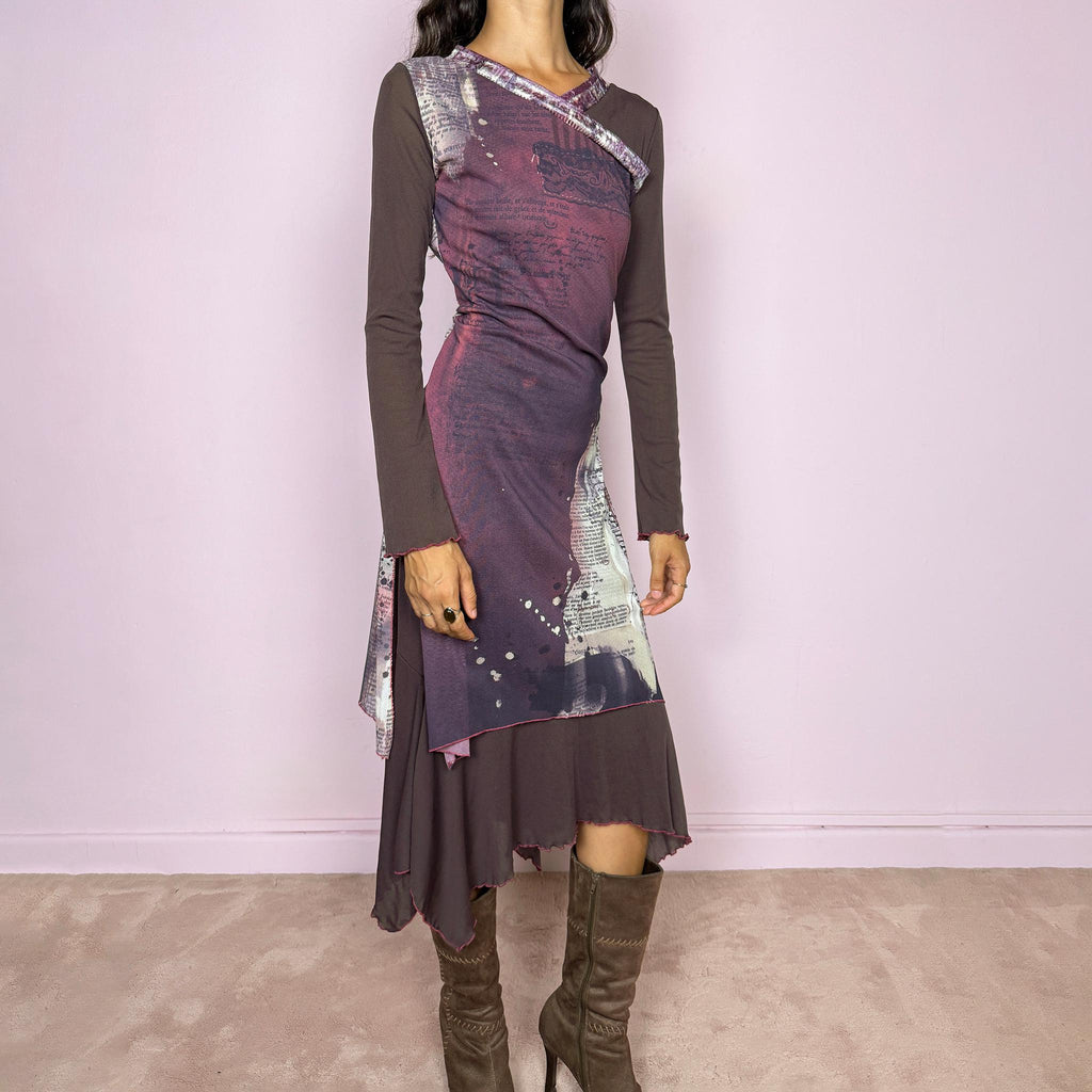 Vintage 2000s avant-garde stretchy mesh dress featuring an abstract layered graphic print in purple and cream tones, with contrasting brown semi-sheer long sleeves, asymmetric neckline detailing, and a dramatic irregular layered hem. The deconstructed style has a distinctly Y2K art-to-wear feel. Made in France by a French brand from polyamide and polyester. Excellent vintage condition.