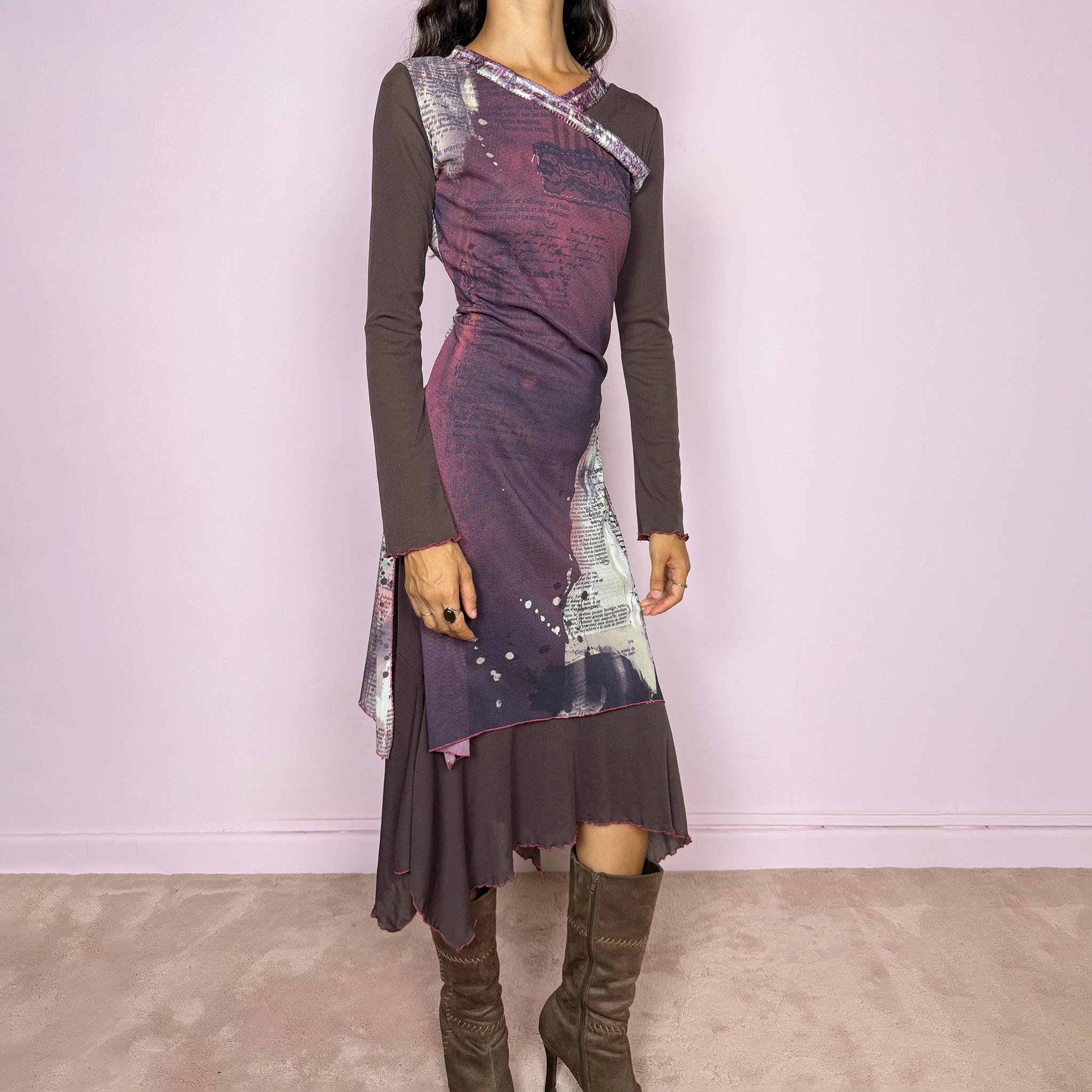 Vintage 2000s avant-garde stretchy mesh dress featuring an abstract layered graphic print in purple and cream tones, with contrasting brown semi-sheer long sleeves, asymmetric neckline detailing, and a dramatic irregular layered hem. The deconstructed style has a distinctly Y2K art-to-wear feel. Made in France by a French brand from polyamide and polyester. Excellent vintage condition.
