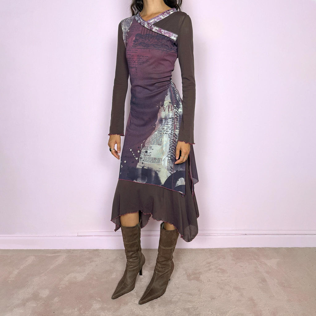 Vintage 2000s avant-garde stretchy mesh dress featuring an abstract layered graphic print in purple and cream tones, with contrasting brown semi-sheer long sleeves, asymmetric neckline detailing, and a dramatic irregular layered hem. The deconstructed style has a distinctly Y2K art-to-wear feel. Made in France by a French brand from polyamide and polyester. Excellent vintage condition.