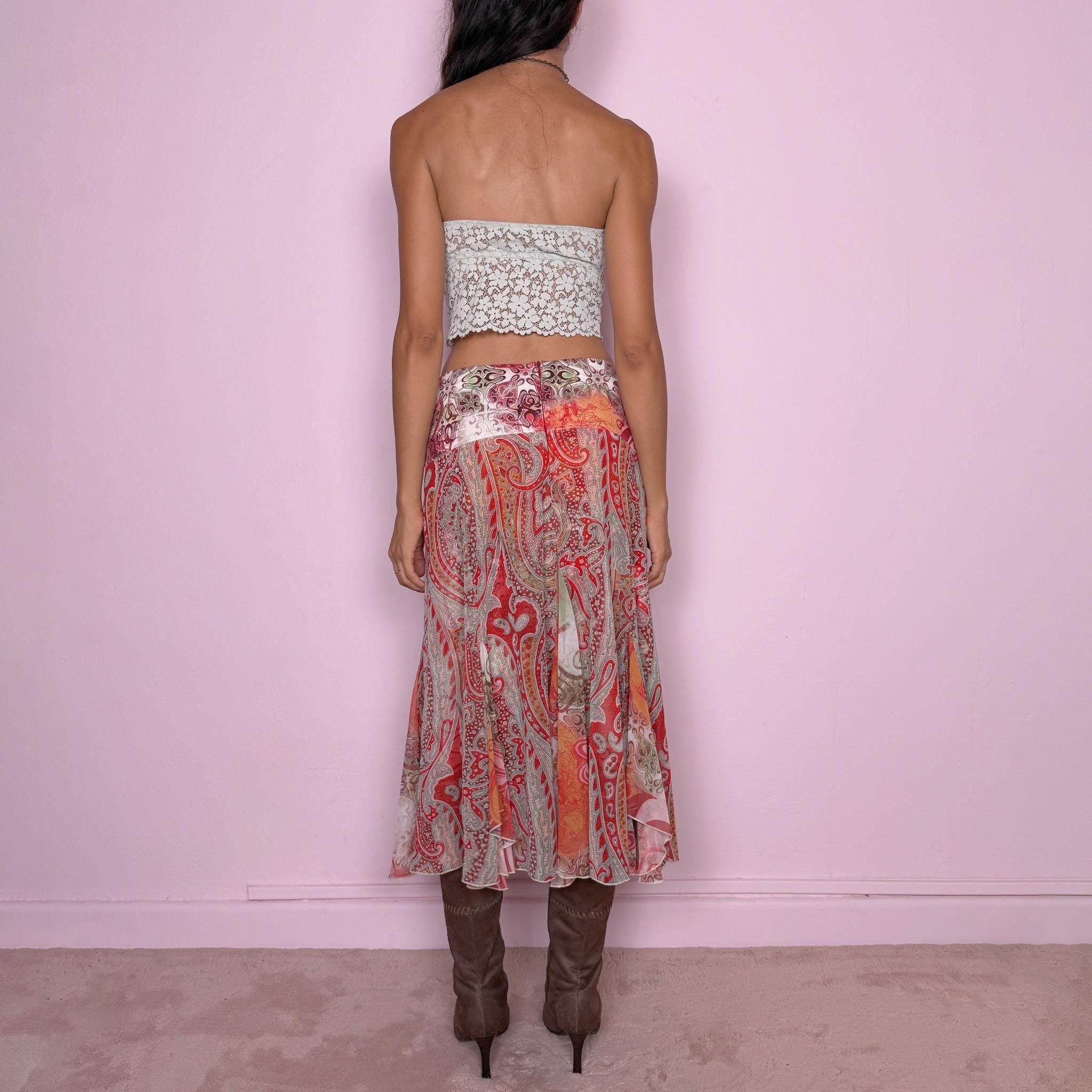 Vintage Silk Midi Skirt Paisley Godet Asymmetric Sheer Boho Y2K 2000s Size S