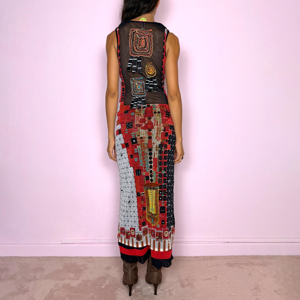 Vintage Mesh Maxi Dress Save The Queen Graphic Print Art Y2K 2000s Size S