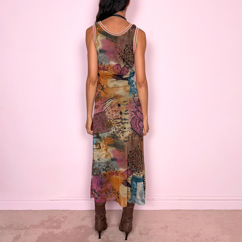 Vintage Mesh Midi Dress Graphic Art Print Sheer Maximalist Y2K 2000s Size S