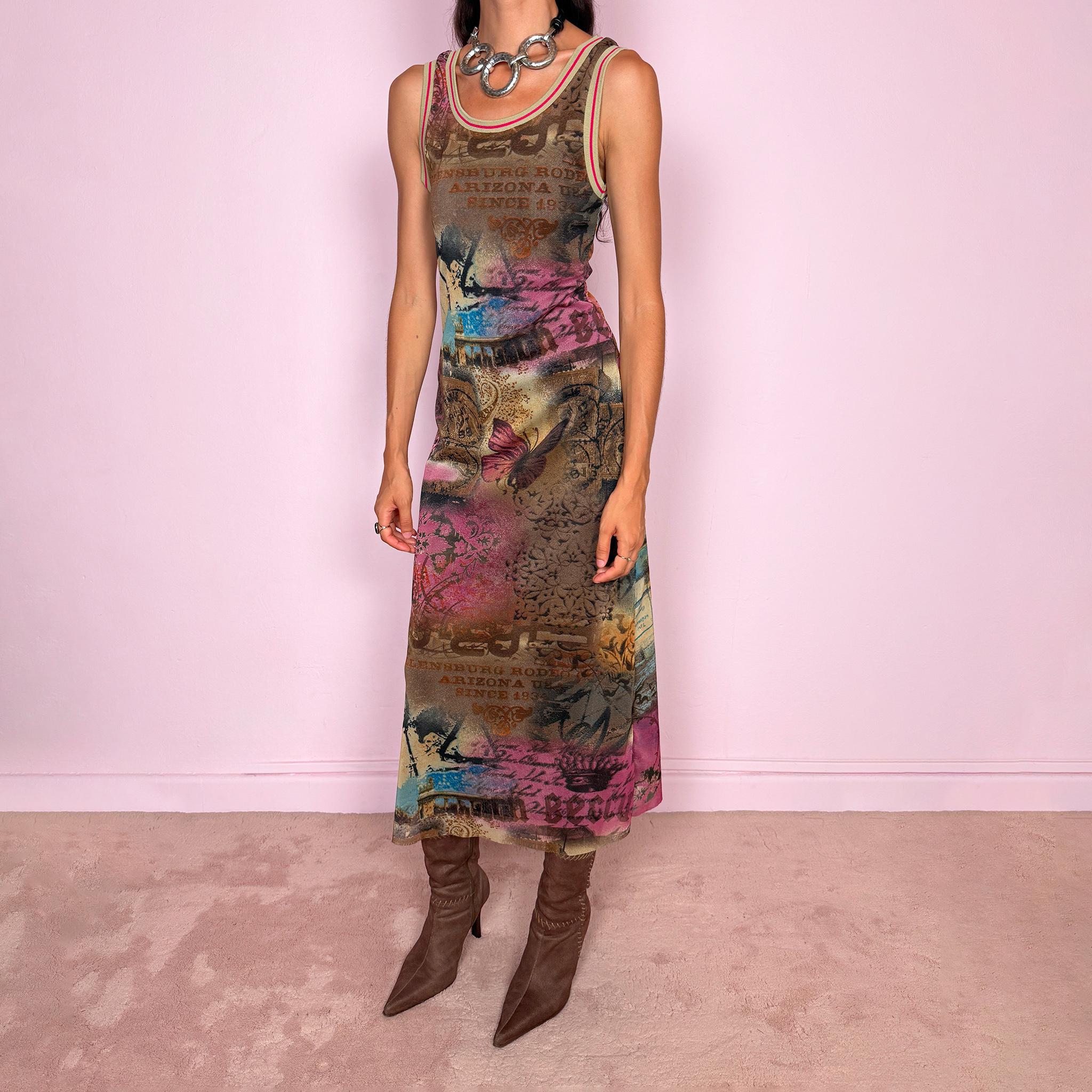 Vintage 2000s fitted sleeveless midi dress in stretchy mesh with a dark mesh lining for a softly sheer layered effect. Featuring a richly layered graphic print in brown, pink, blue, and beige tones, with butterfly imagery, faded architectural motifs, postcard-style typography, and abstract distressed details throughout. Finished with contrast trim at the neckline and armholes, and cut in a long, body-skimming silhouette for a distinctly Y2K art-to-wear, maximalist feel.