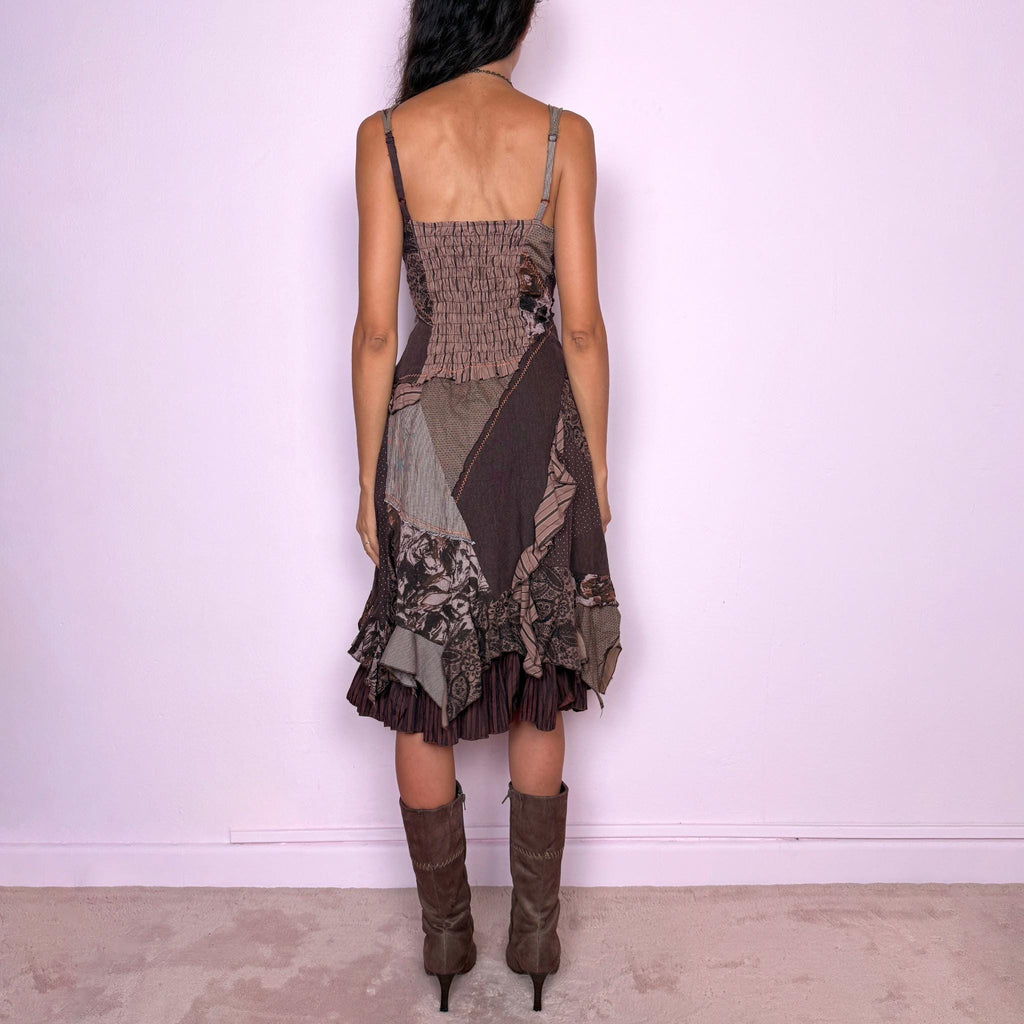 Vintage Brown Midi Dress Patchwork Deconstructed Ruffle Fairy Y2K 2000s Size M