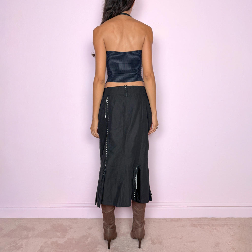 Vintage Black Midi Skirt Deconstructed Zip Linen Cotton Y2K 2000s Size M