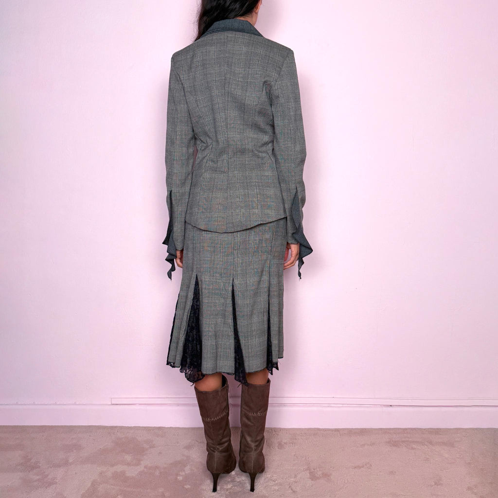 Vintage Skirt Suit Gray Wool Lace Blazer Set Avant Garde Y2K 2000s Size S