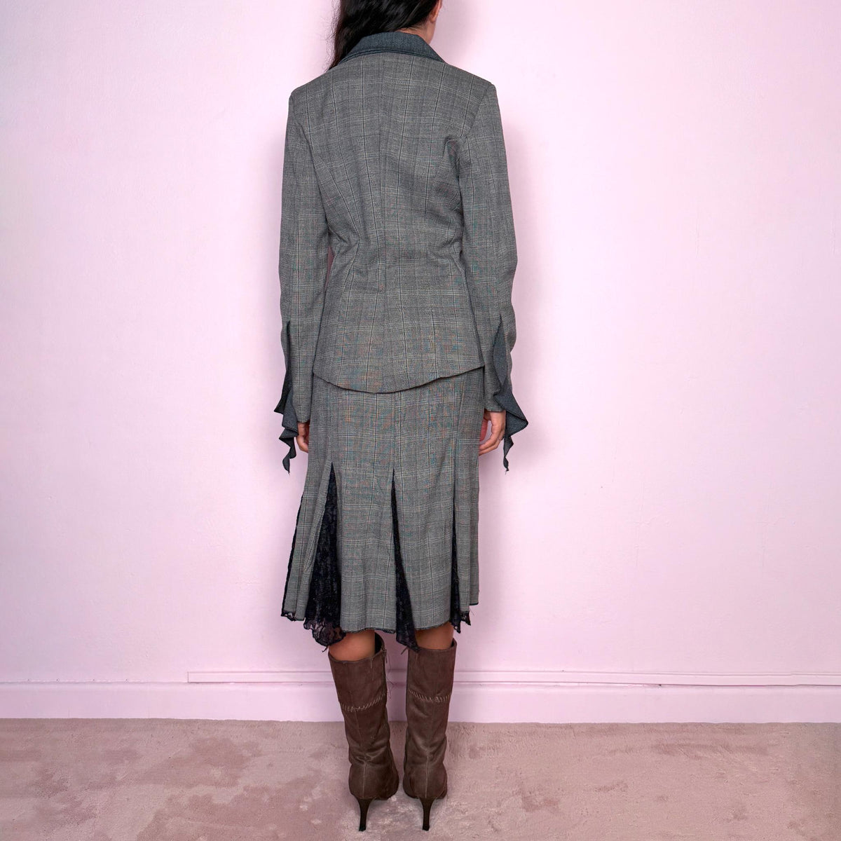 Vintage Skirt Suit Gray Wool Lace Blazer Set Avant Garde Y2K 2000s Size S