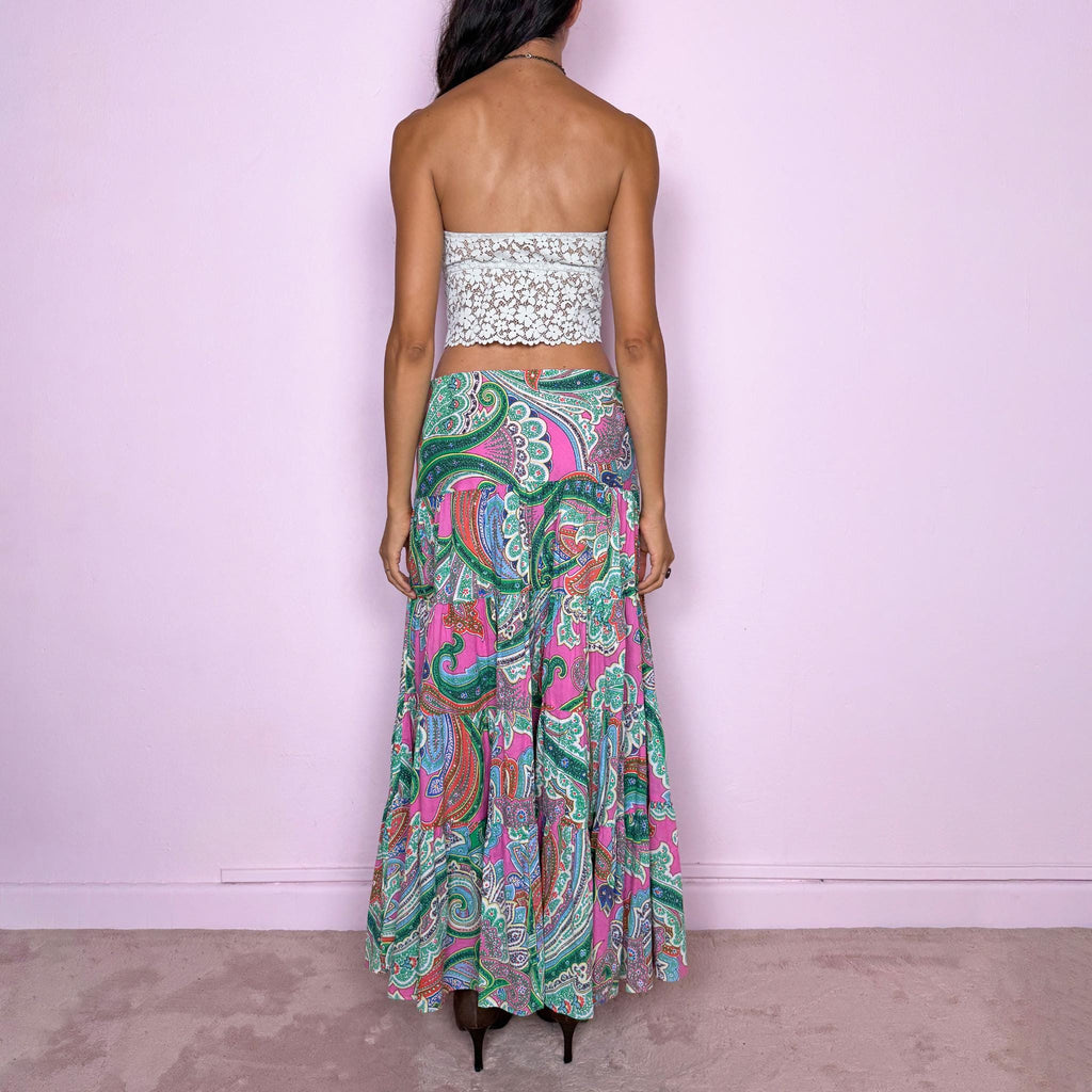 Vintage Maxi Skirt Ralph Lauren Paisley Cotton Pink Green Boho Y2K 2000s Size S