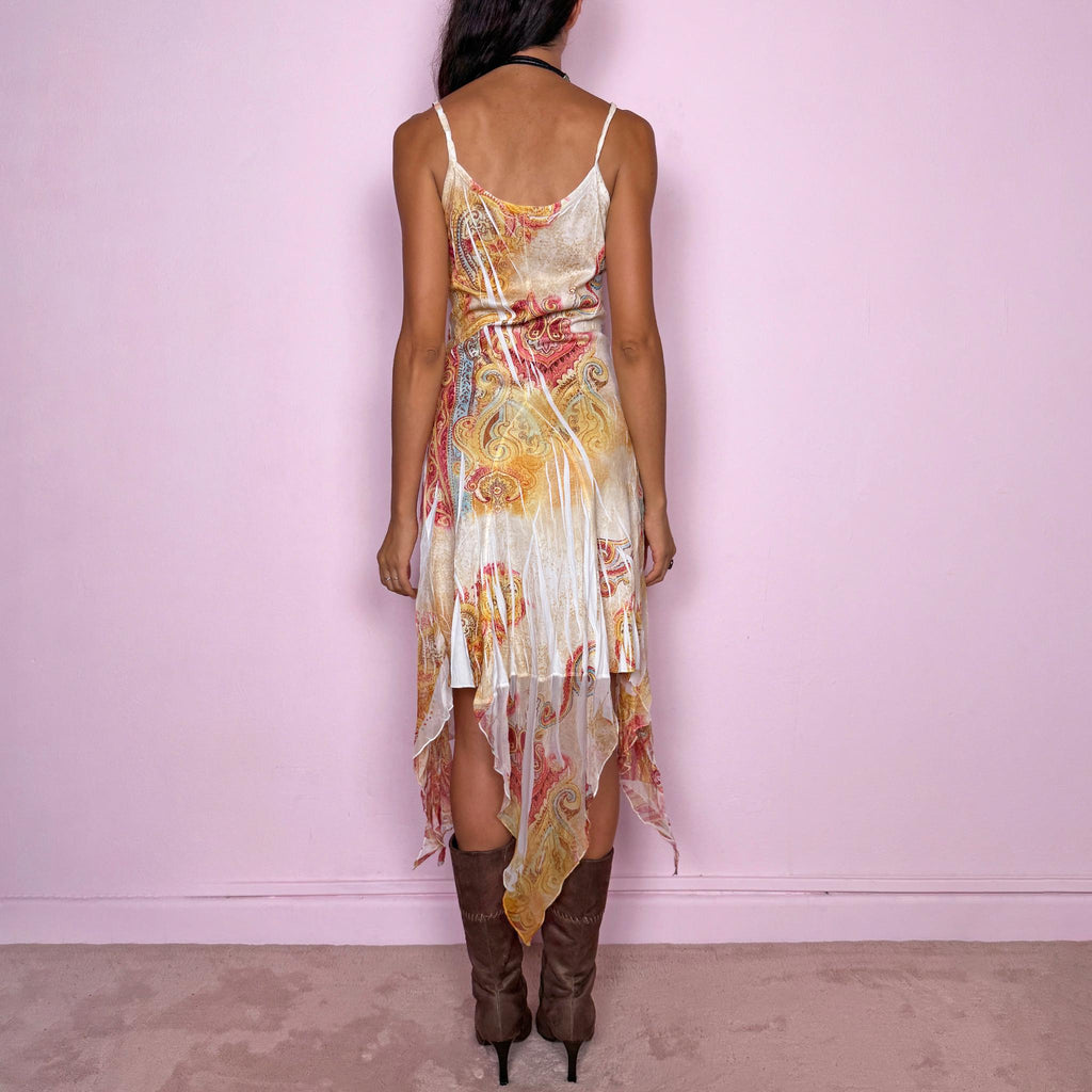 Vintage Paisley Midi Dress Asymmetric Handkerchief Boho Festival Y2K 2000s Size S