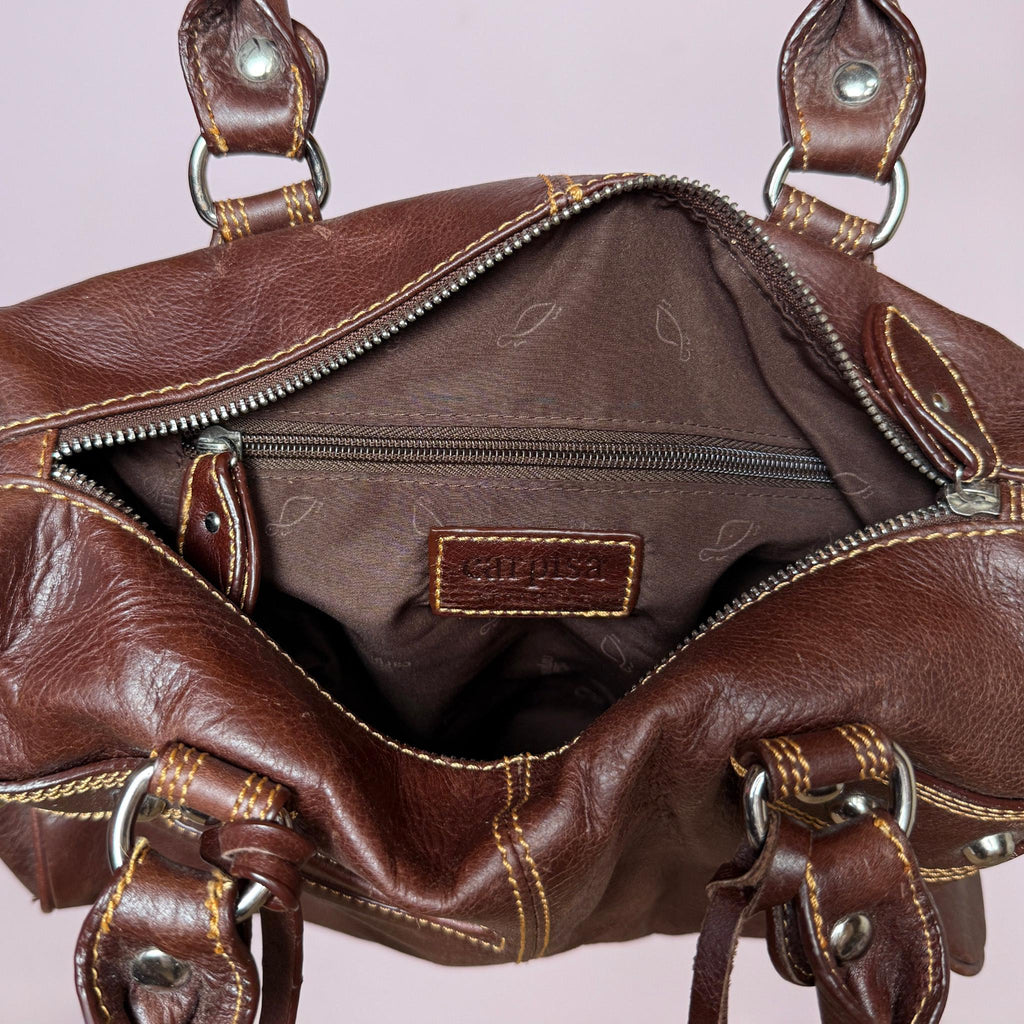 Vintage Leather Handbag Brown Studded Italian Shoulder Bag Y2K 2000s