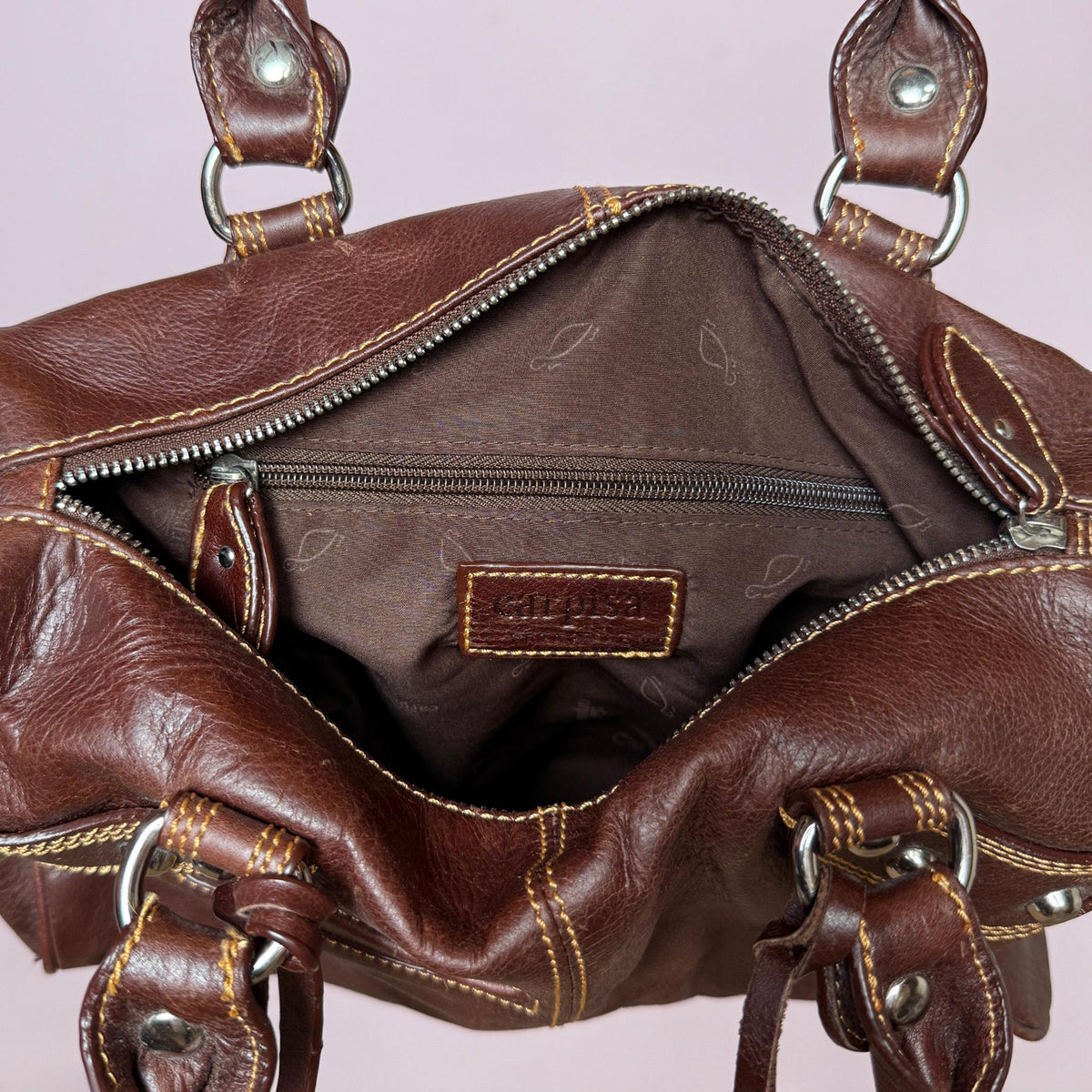 Vintage Leather Handbag Brown Studded Italian Shoulder Bag Y2K 2000s