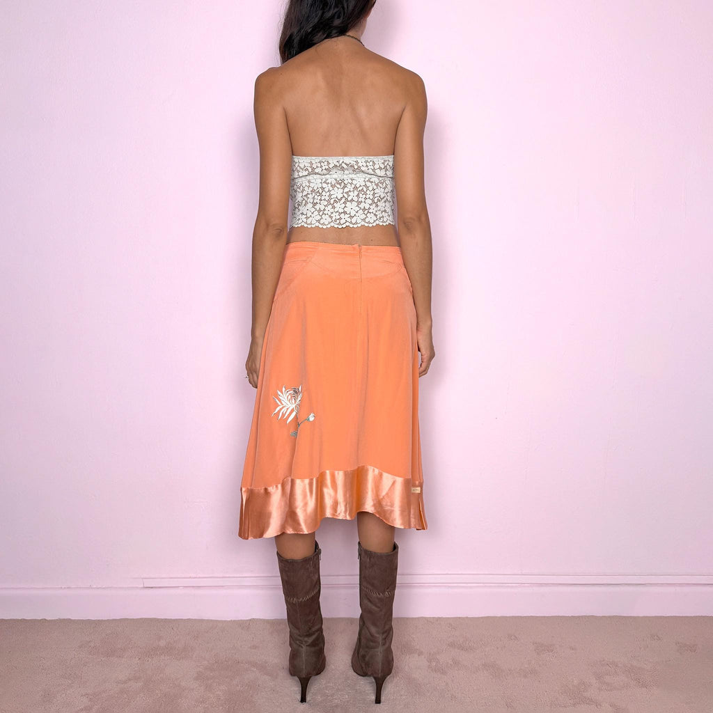 Vintage Orange Midi Skirt Satin Floral Embroidered Boho 2000s Size S