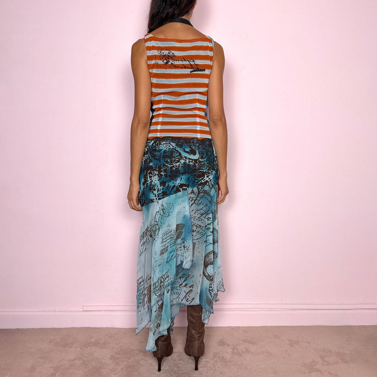 Vintage Maxi Dress Graphic Mesh Art Asymmetric Maximalist Y2K 2000s Size S