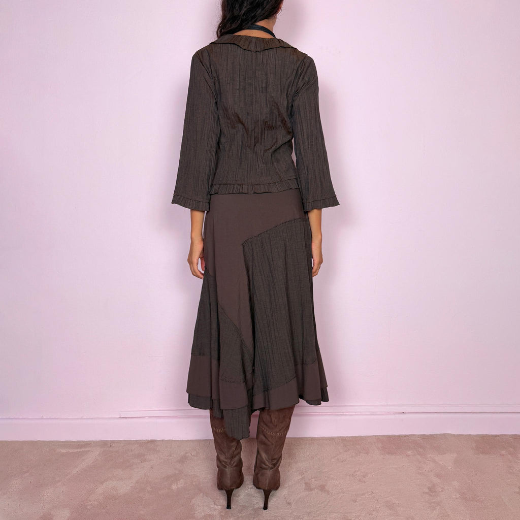 Vintage Two Piece Set Brown Ruffle Asymmetric Skirt Avant Garde Y2K 2000s Size S