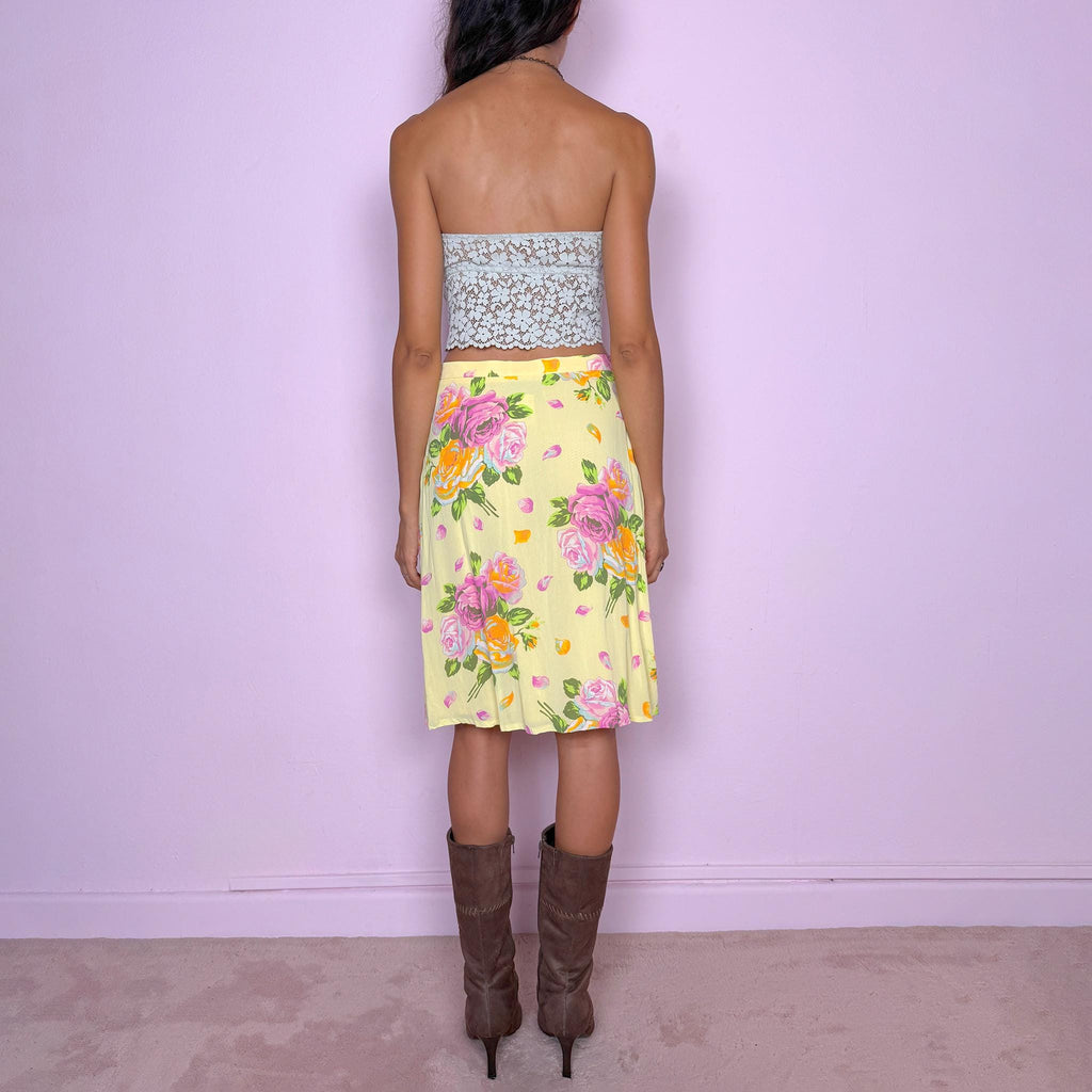 Vintage Yellow Midi Skirt Kenzo Jungle Floral Rose Designer 90s 2000s Size S