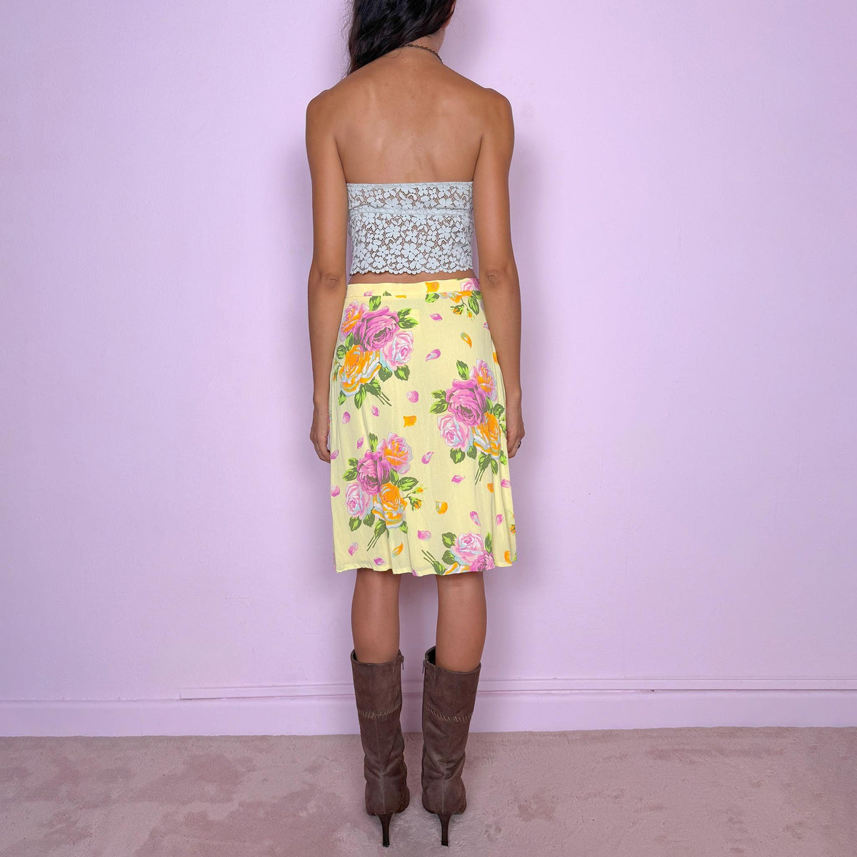 Vintage Yellow Midi Skirt Kenzo Jungle Floral Rose Designer 90s 2000s Size S