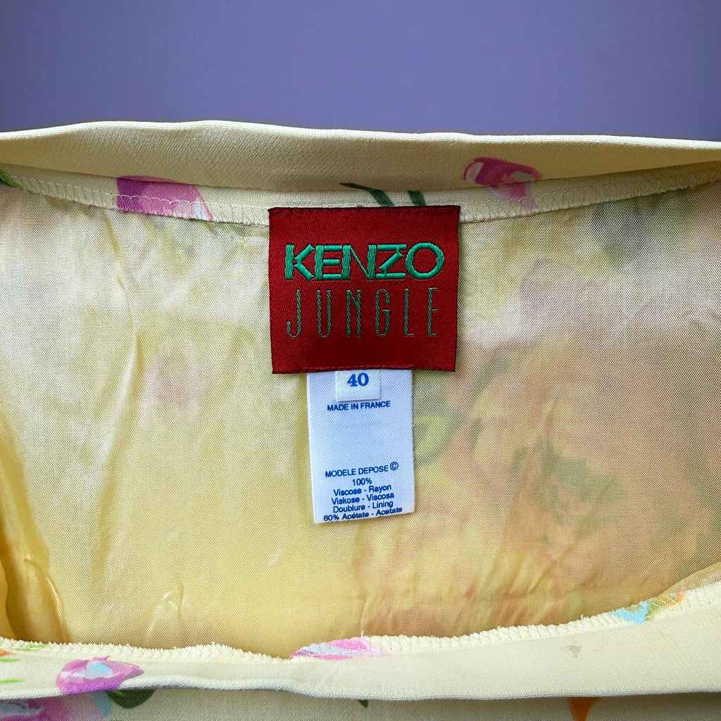 Vintage Yellow Midi Skirt Kenzo Jungle Floral Rose Designer 90s 2000s Size S