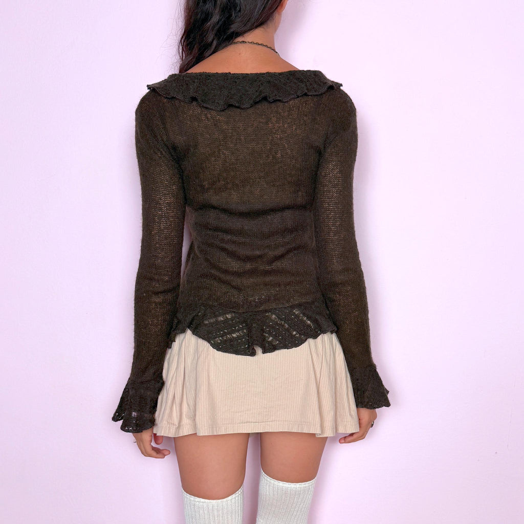 Vintage Brown Cardigan Mohair Ruffle Tie Front Y2K 2000s Size XS