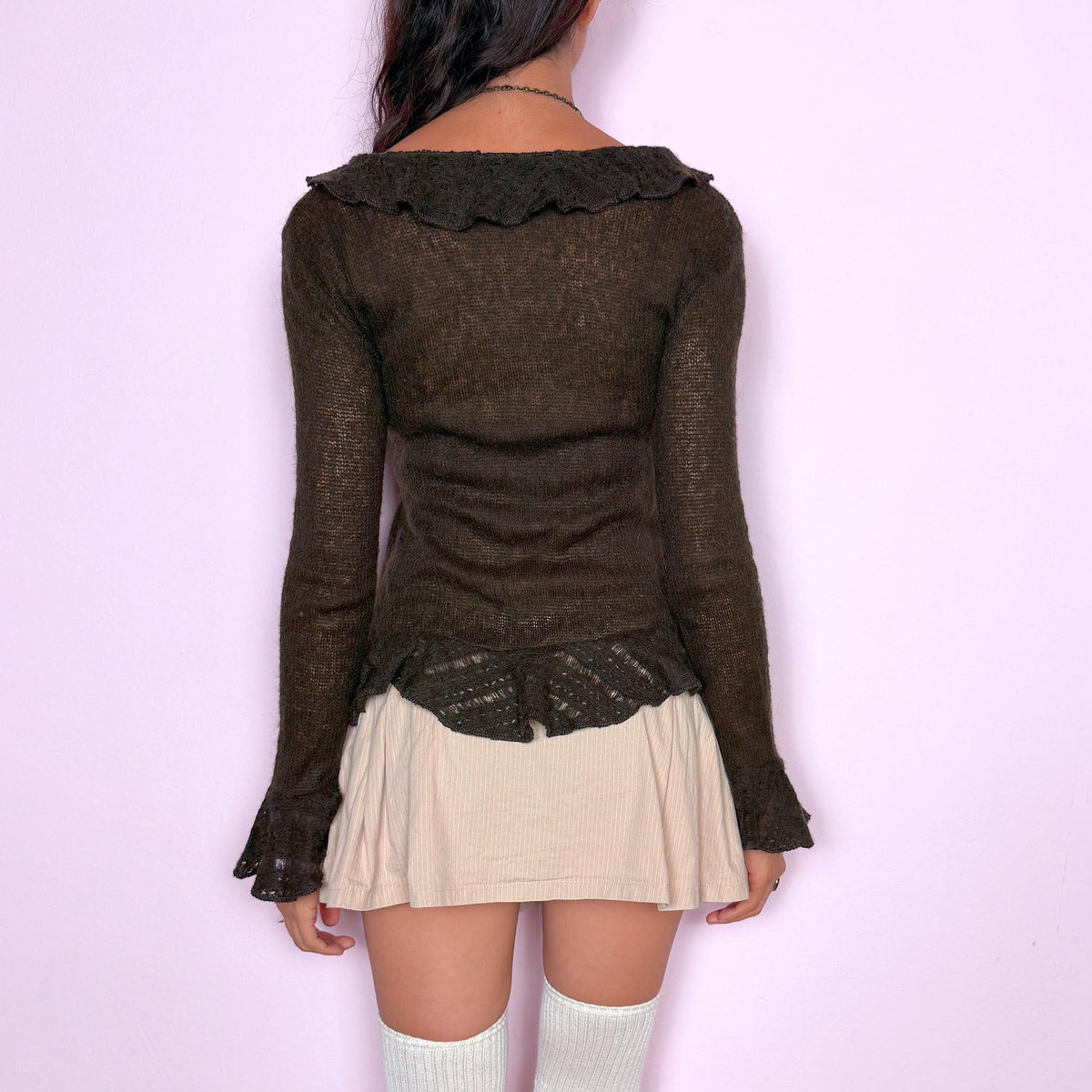 Vintage Brown Cardigan Mohair Ruffle Tie Front Y2K 2000s Size XS