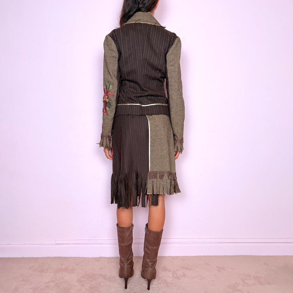 Vintage Two Piece Set Brown Skirt Suit Deconstructed Wool Fringe Y2K 2000s Size M