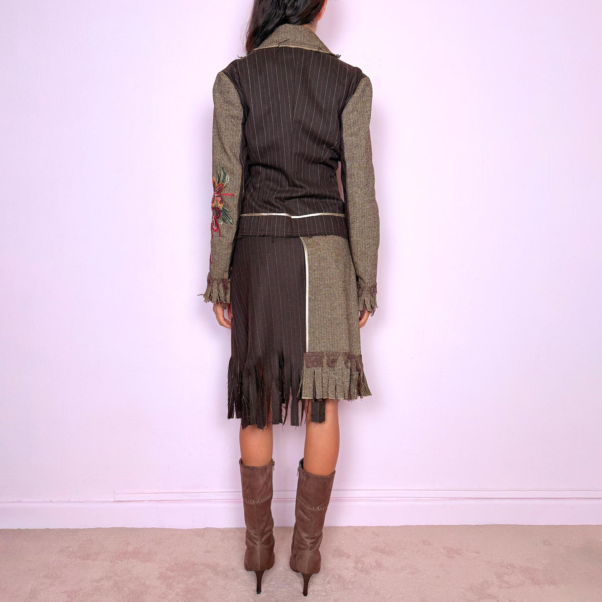 Vintage Two Piece Set Brown Skirt Suit Deconstructed Wool Fringe Y2K 2000s Size M
