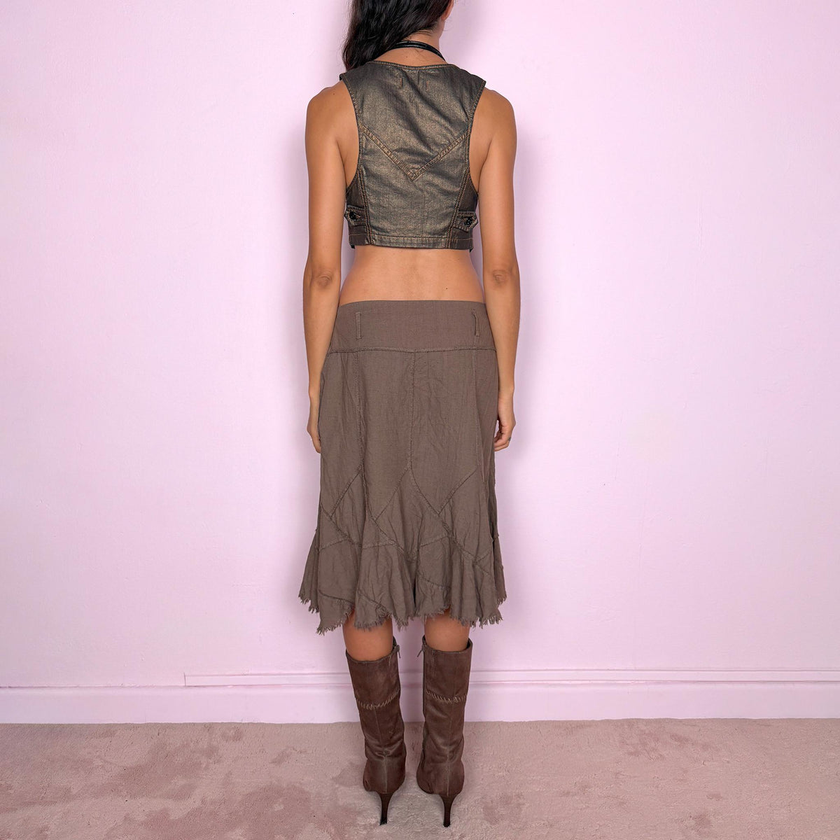 Vintage Brown Midi Skirt Cotton Deconstructed Raw Hem Y2K 2000s Size S