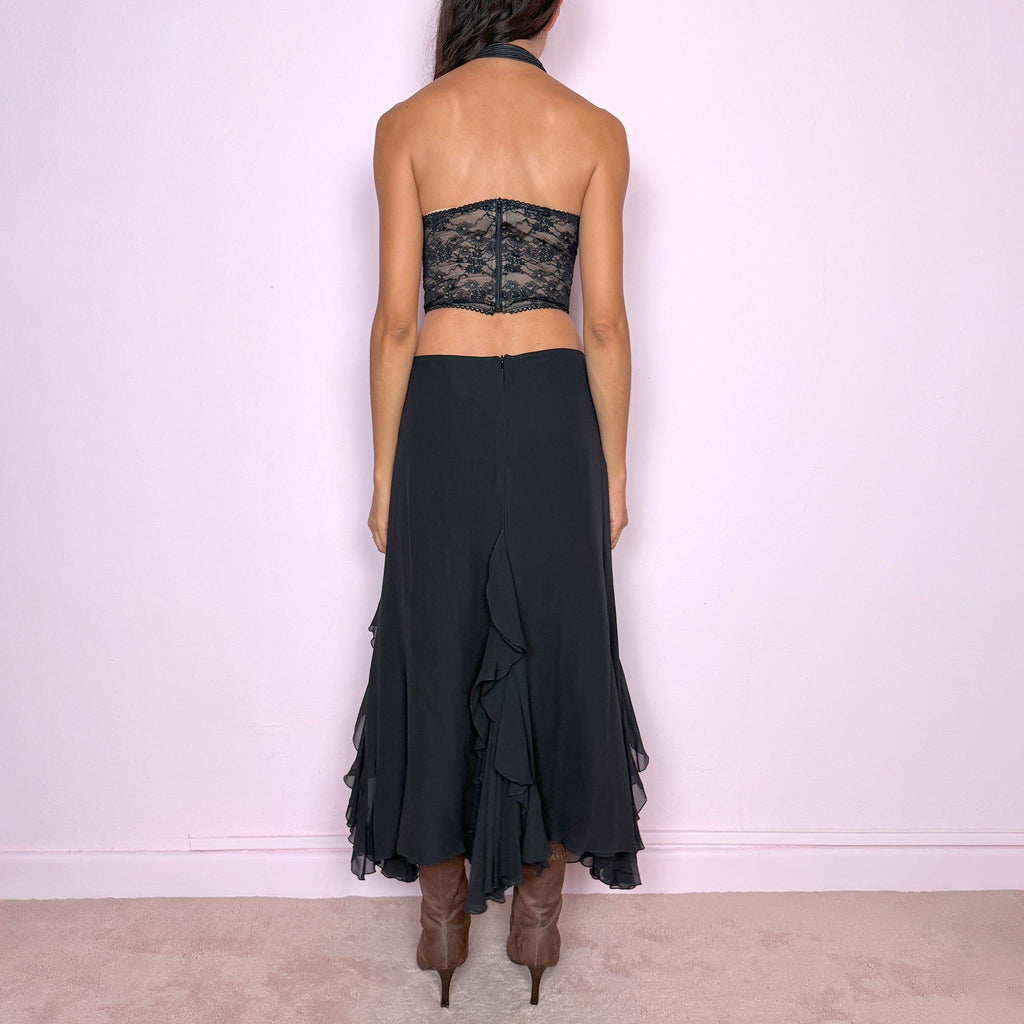 Vintage Black Midi Skirt Silk Ruffle Draped Y2K 2000s Size M