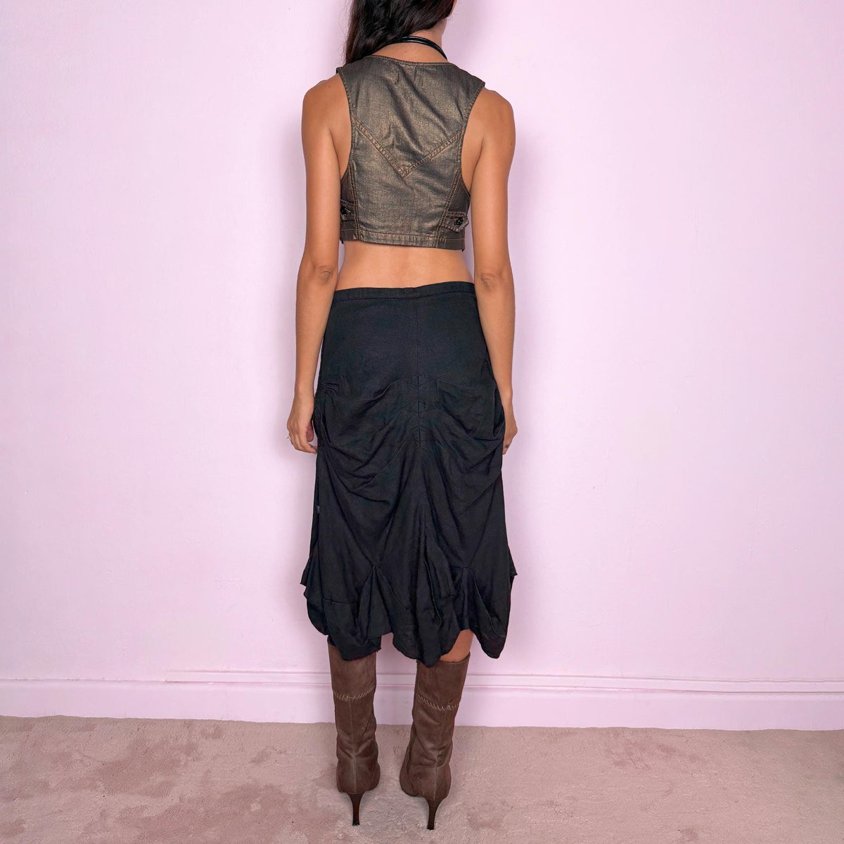 Vintage Black Midi Skirt Linen Draped Sculptural Avant Garde Y2K 2000s Size S