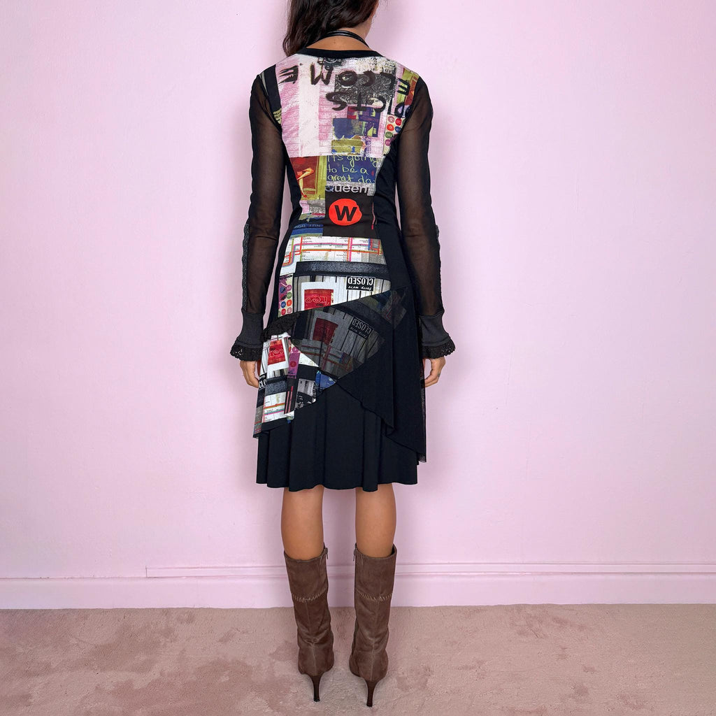 Vintage Black Midi Dress Graphic Mesh Patchwork Avant Garde Y2K 2000s Size S