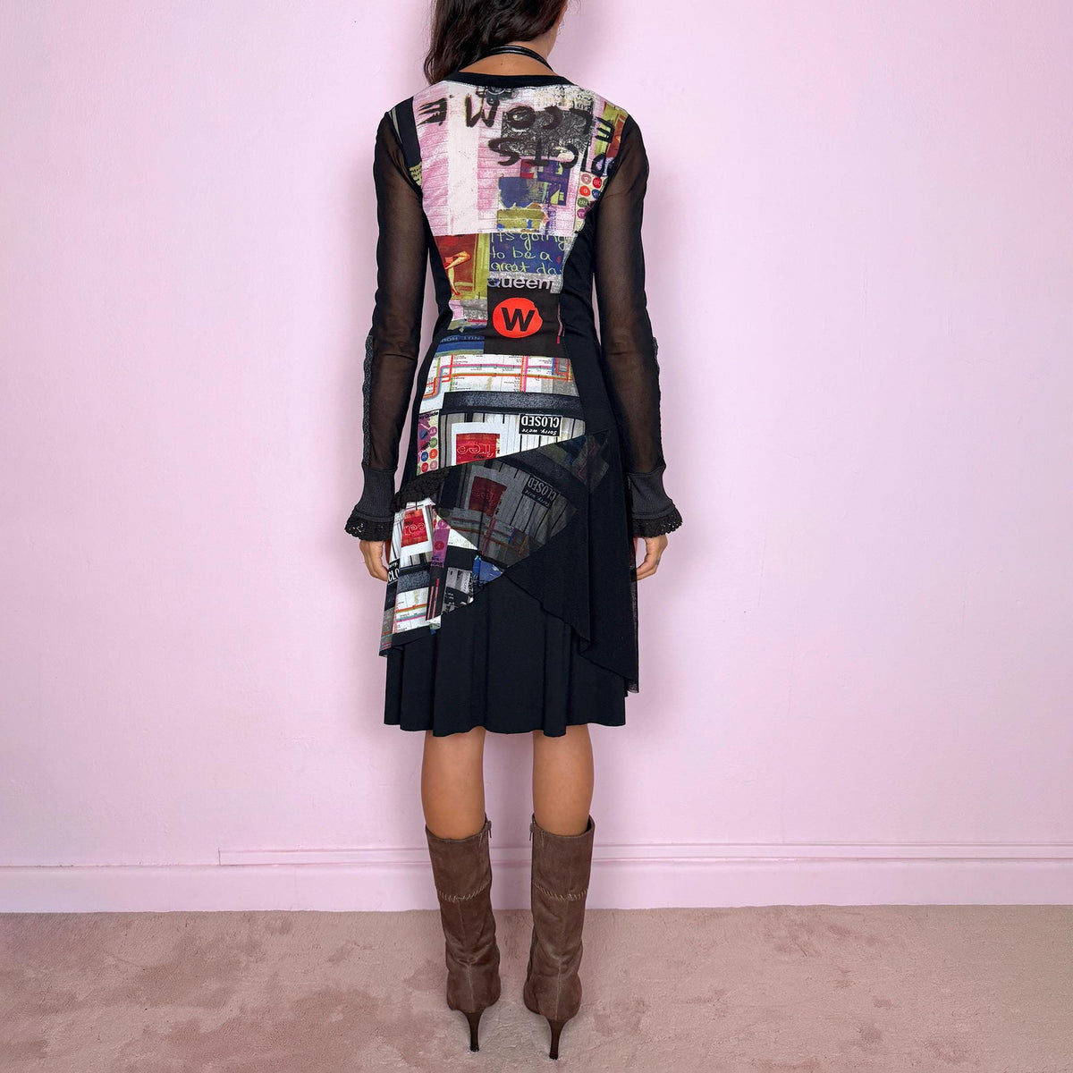 Vintage Black Midi Dress Graphic Mesh Patchwork Avant Garde Y2K 2000s Size S