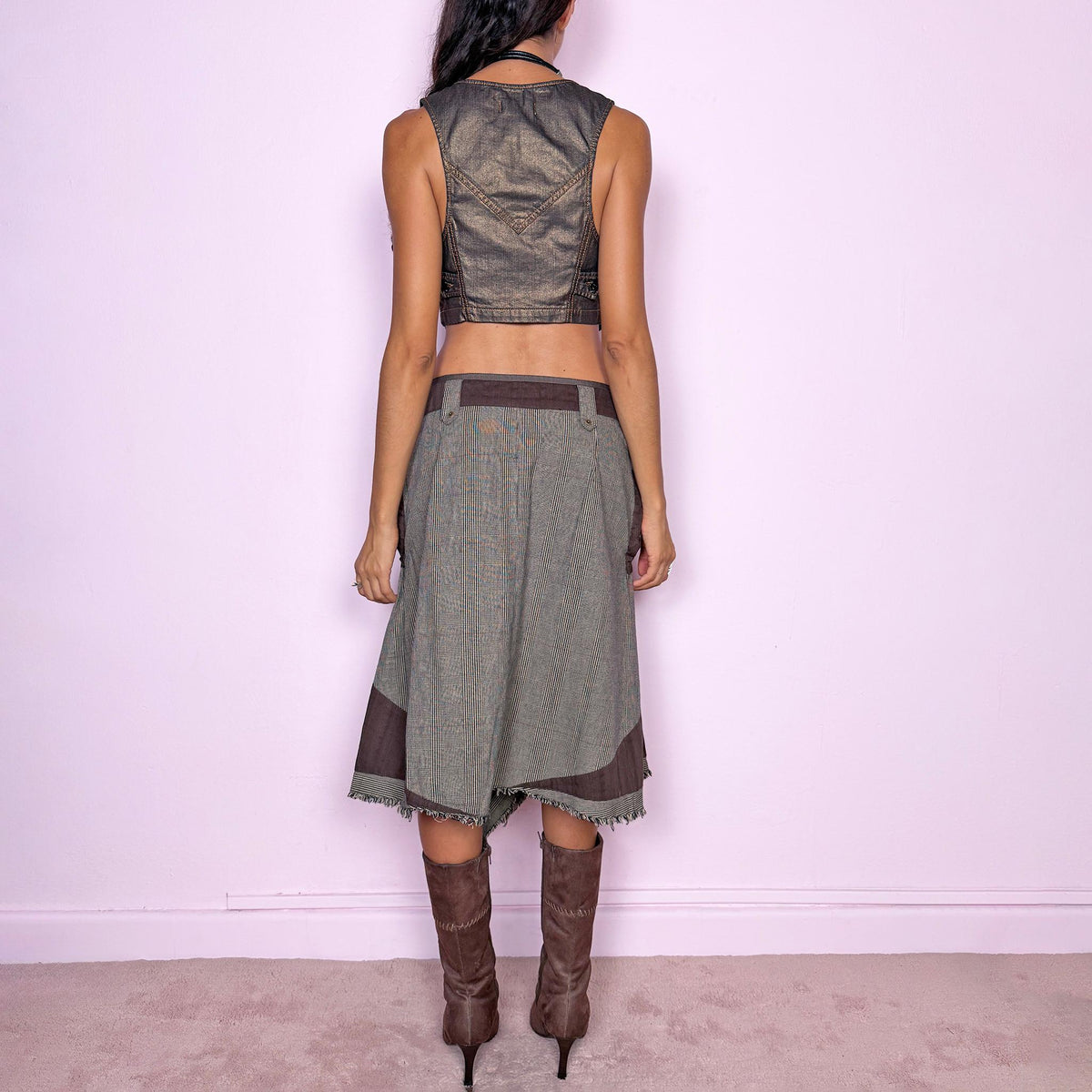 Vintage Brown Midi Skirt Cotton Plaid Deconstructed Asymmetric Y2K 2000s Size M