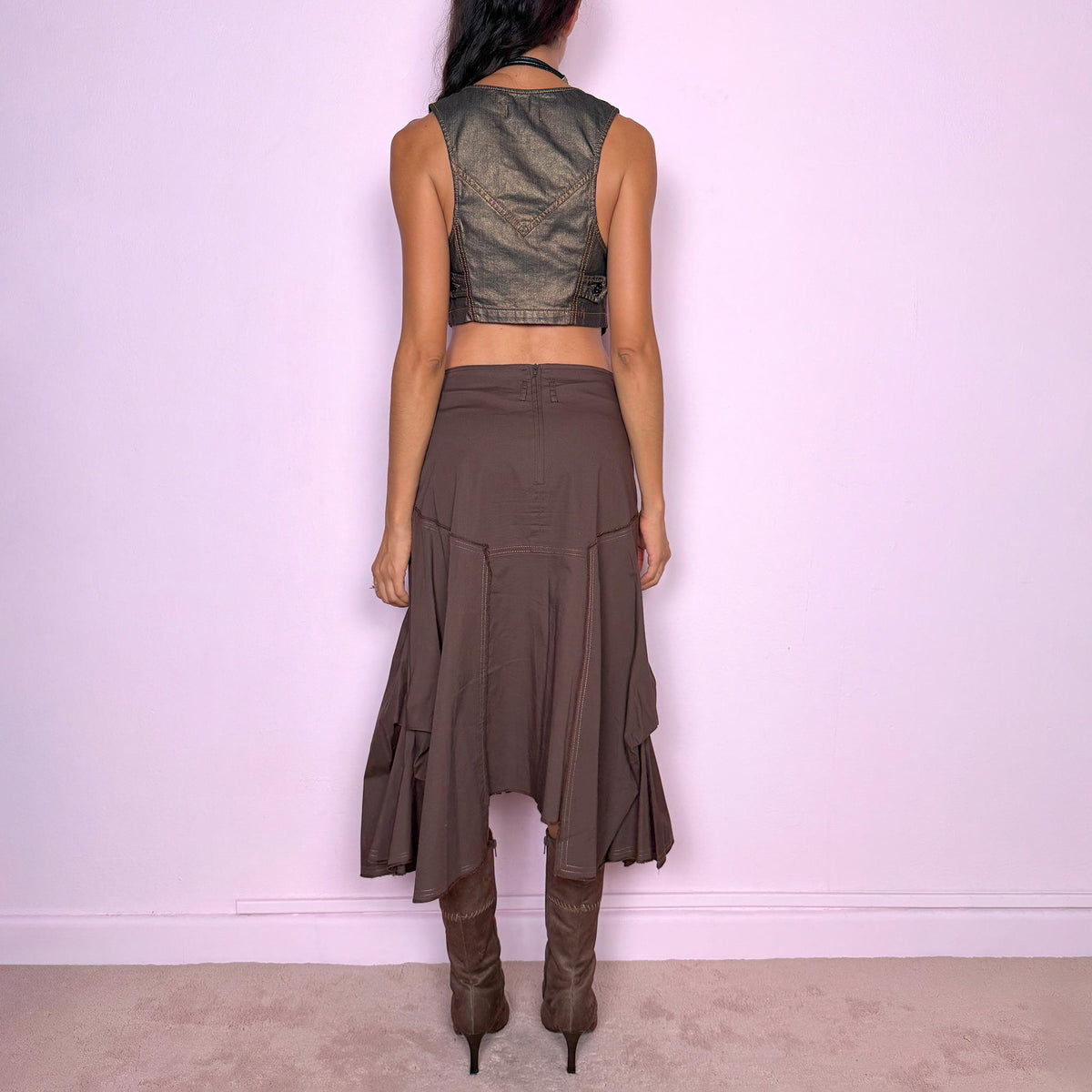 Vintage Brown Midi Skirt Cotton Asymmetric Deconstructed Y2K 2000s Size S