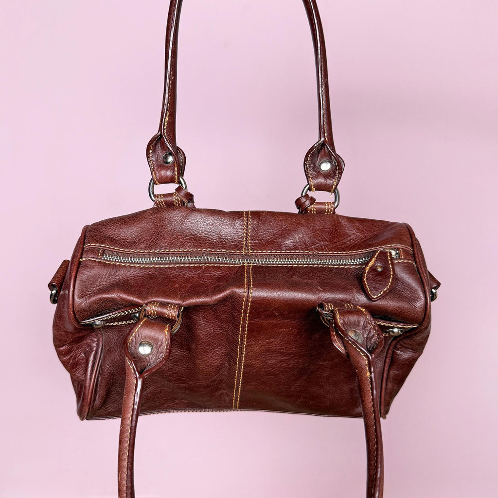 Vintage Leather Handbag Brown Studded Italian Shoulder Bag Y2K 2000s