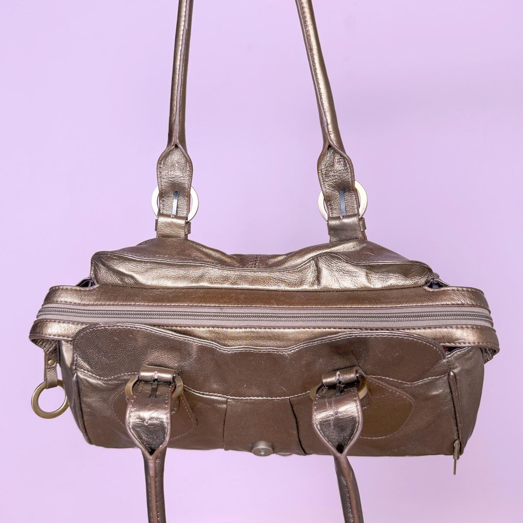 Vintage Leather Handbag Metallic Bronze Gold Buckle Shoulder Bag Y2K 2000s