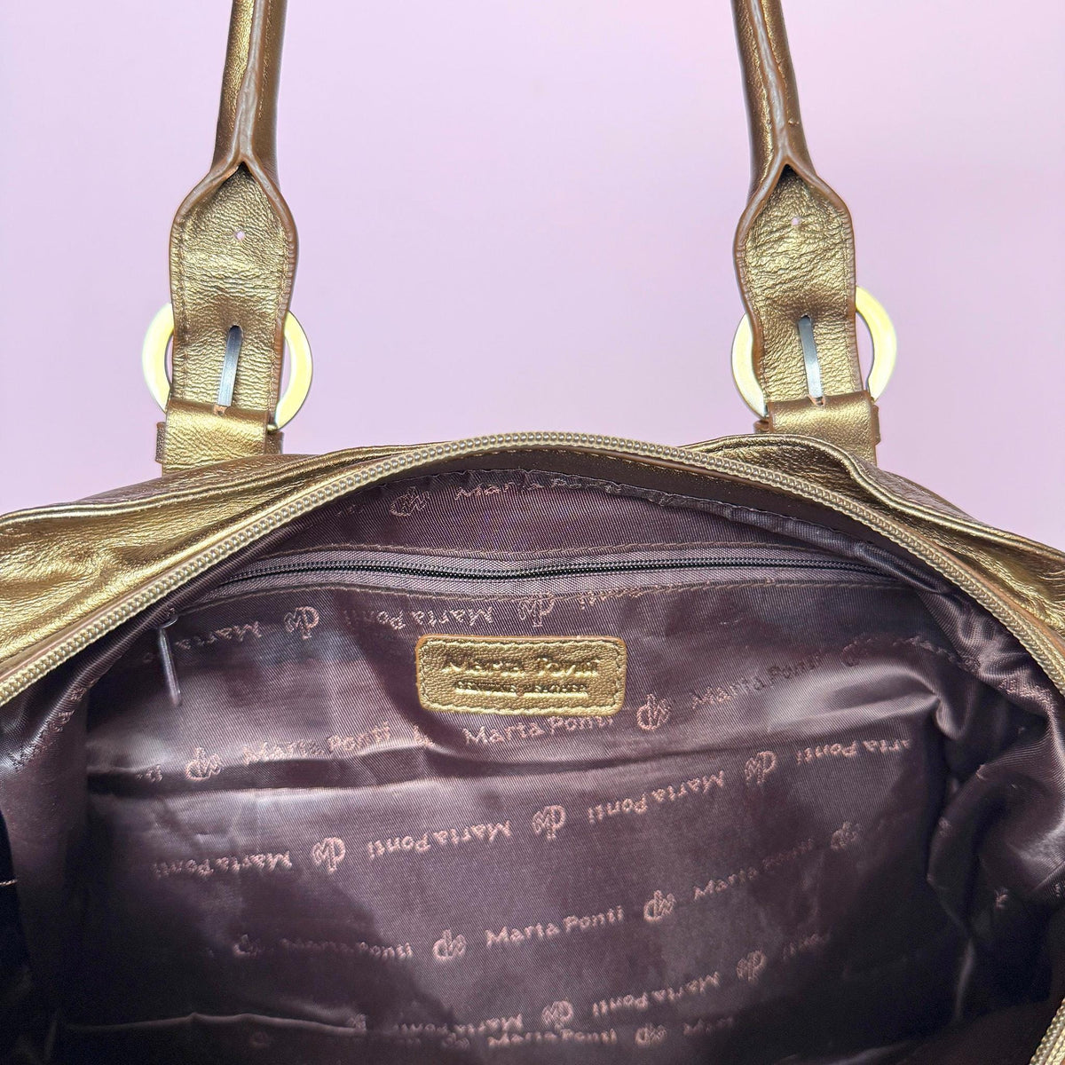 Vintage Leather Handbag Metallic Bronze Gold Buckle Shoulder Bag Y2K 2000s