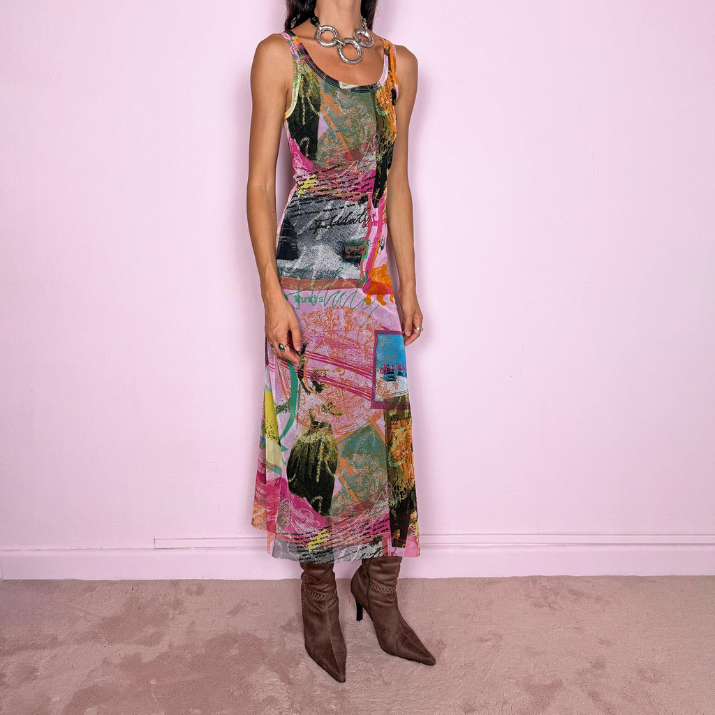 Vintage 2000s fitted mesh midi dress. Featuring a body-skimming sleeveless silhouette with a scoop neckline and a bold maximalist art graphic print in pink, orange, green, blue, and black tones. The lightweight semi-sheer mesh and collage-inspired print give it a distinctly Y2K art-to-wear feel with an avant-garde edge. It has a brown lining. From a French brand, made in France from a stretchy polyamide and polyester blend. Excellent vintage condition.