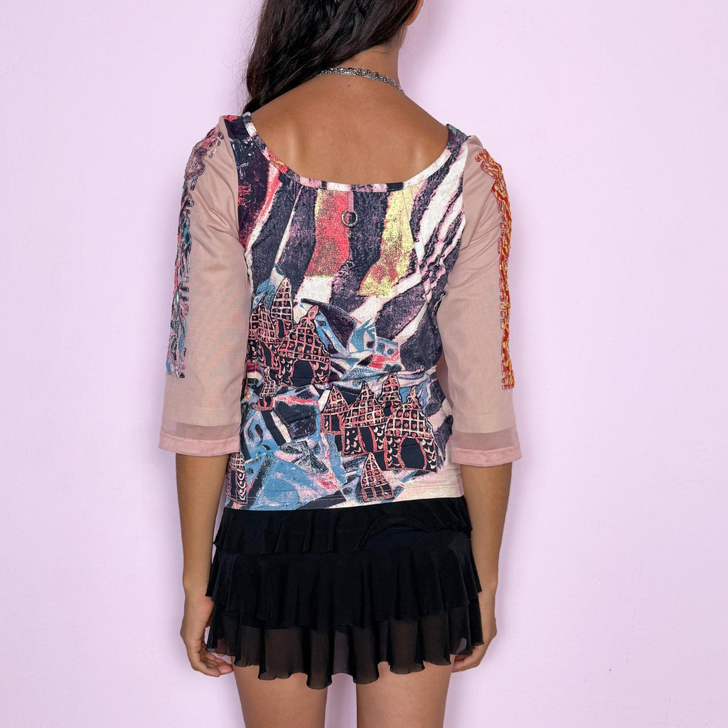 Vintage Art Print Top Save the Queen Pink Mesh Maximalist Y2K 2000s Size S