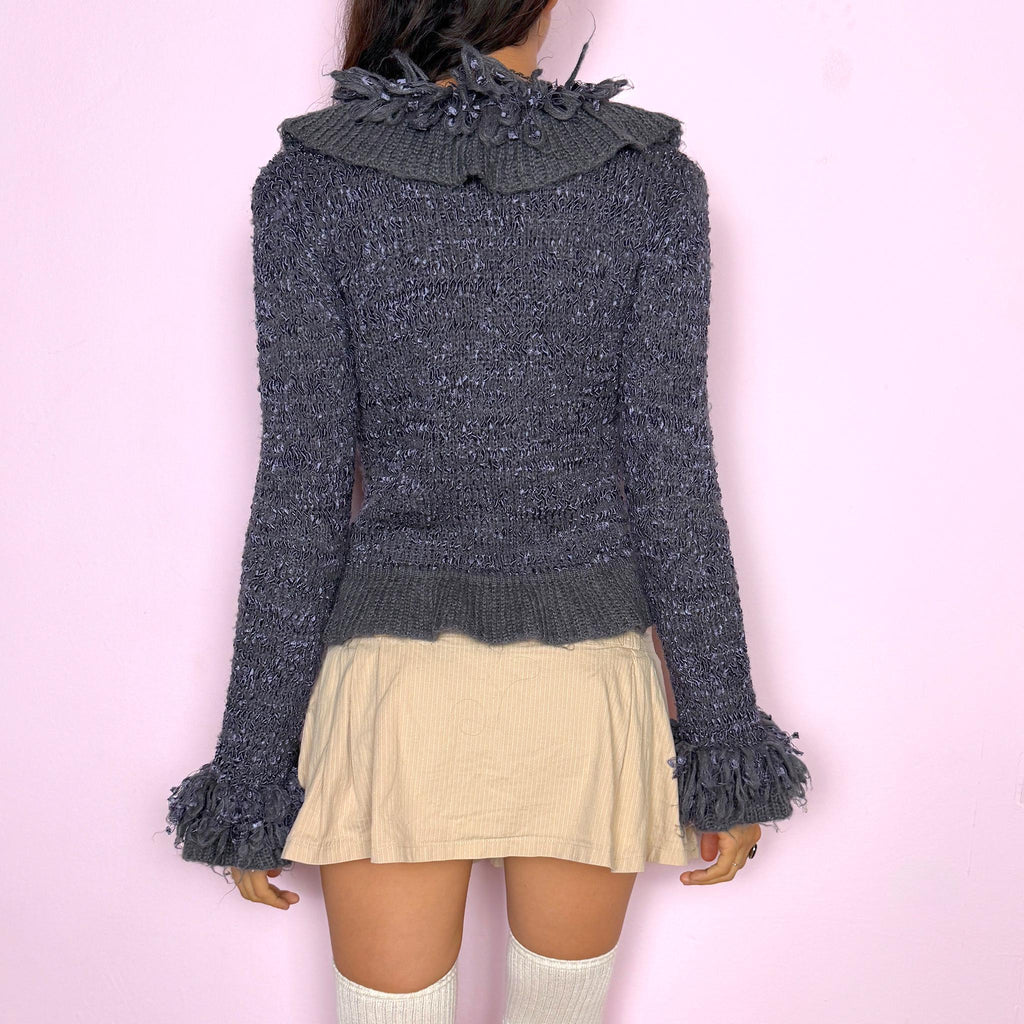 Vintage Mohair Cardigan Gray Fringe Ruffle Tie Front Y2K 2000s Size M