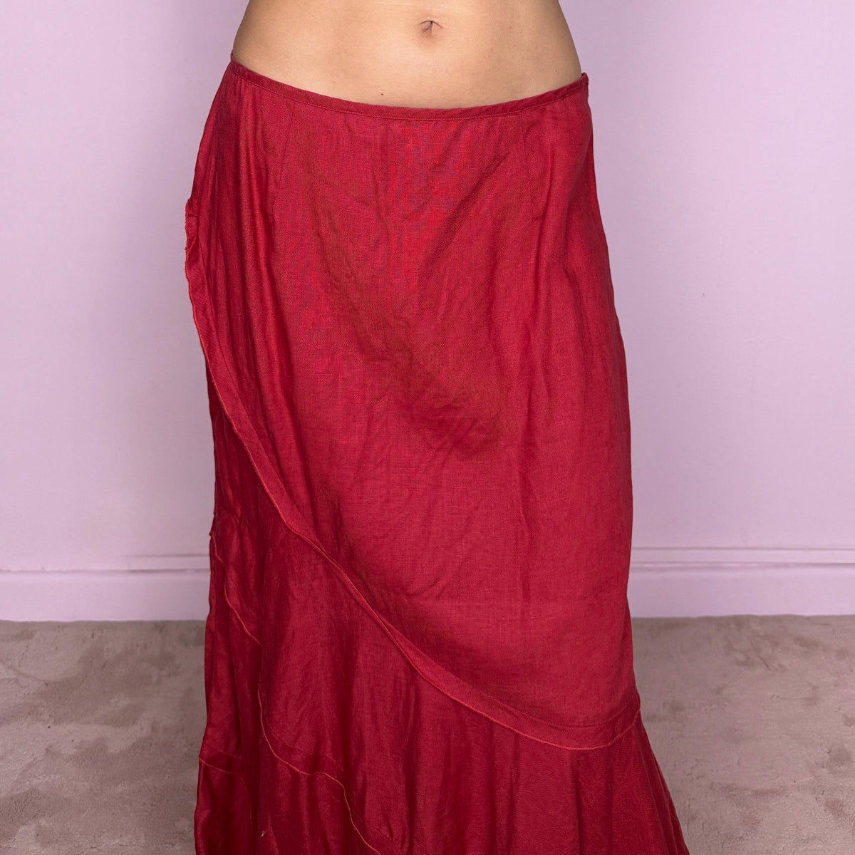Vintage Red Midi Skirt Linen Tiered Flared Y2K 2000s Size M