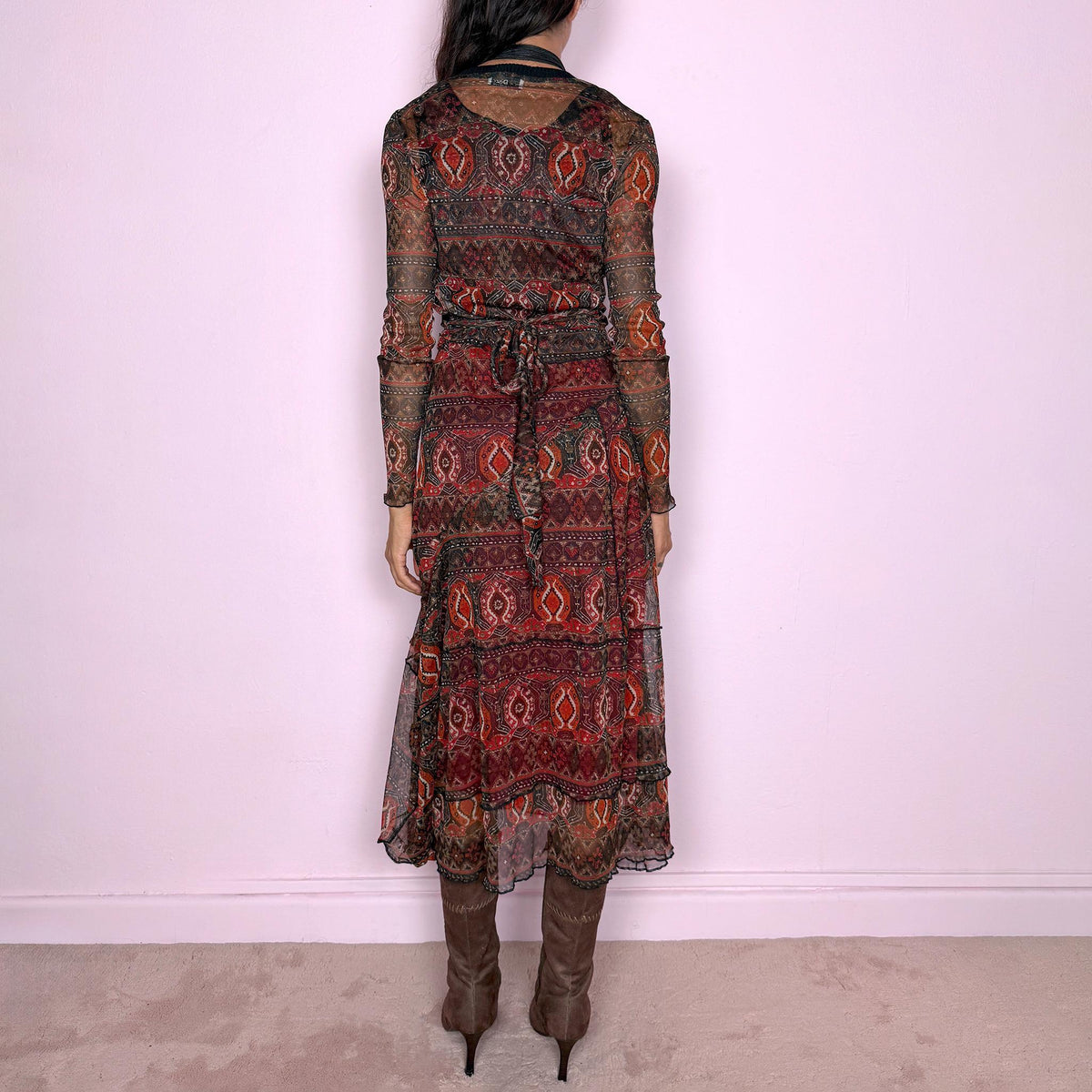 Vintage Two Piece Set Graphic Mesh Dress Wrap Top Y2K 2000s Size S