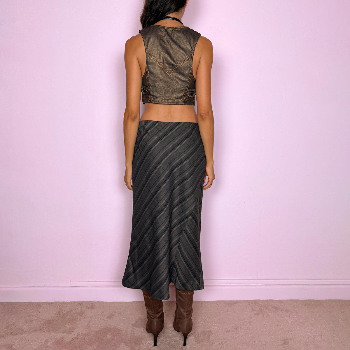 Vintage Kenzo Midi Skirt Brown Gray Striped Wool Slit Designer 90s 2000s Size M