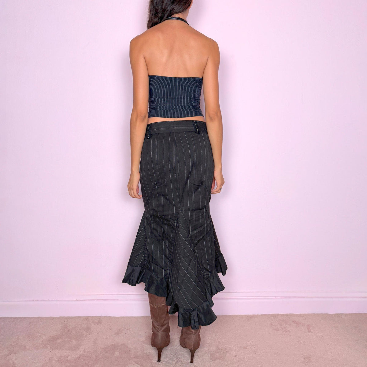 Vintage Black Midi Skirt Pinstripe Asymmetric Ruffle Y2K 2000s Size M