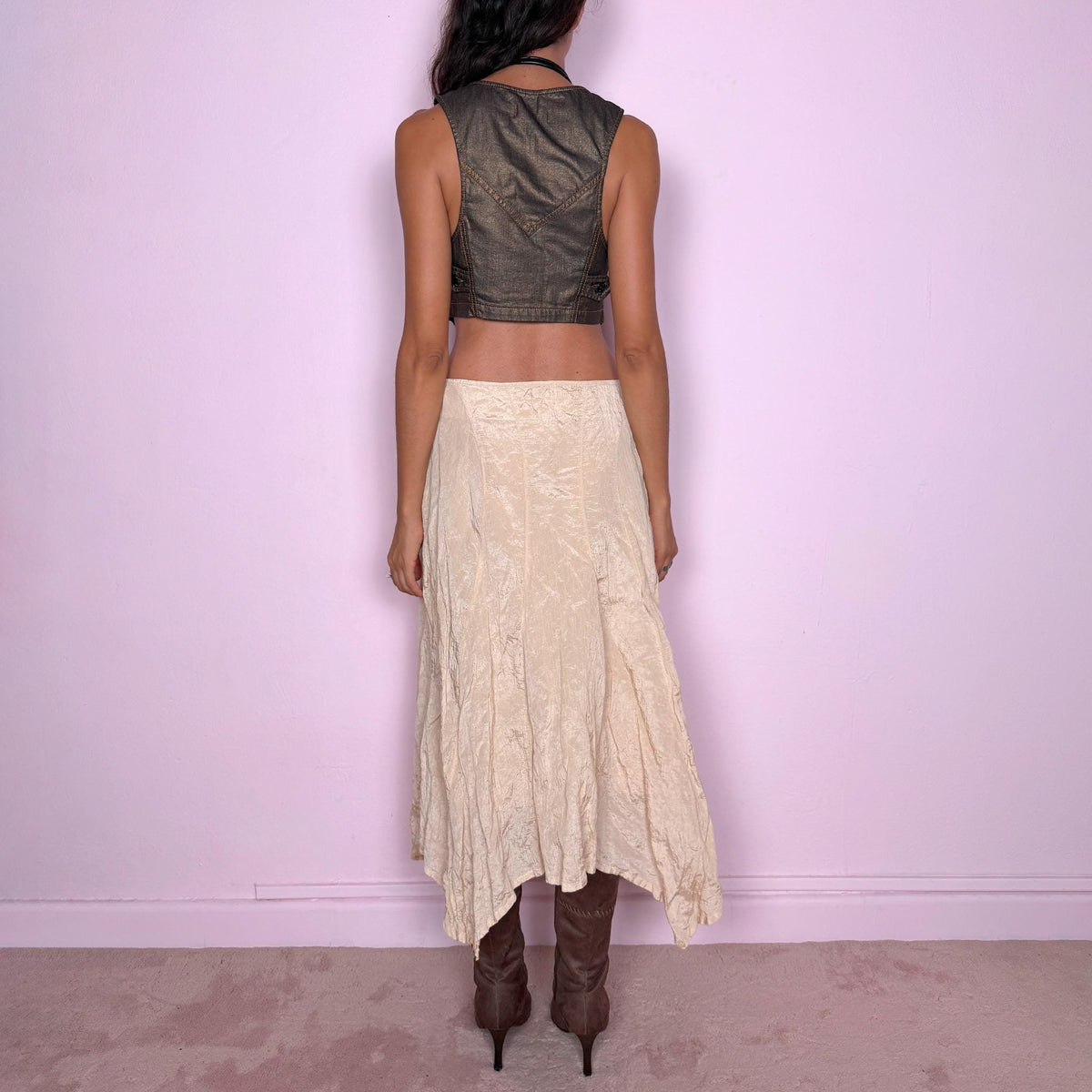 Vintage Midi Skirt Cream Crinkle Asymmetric Y2K 2000s Size S