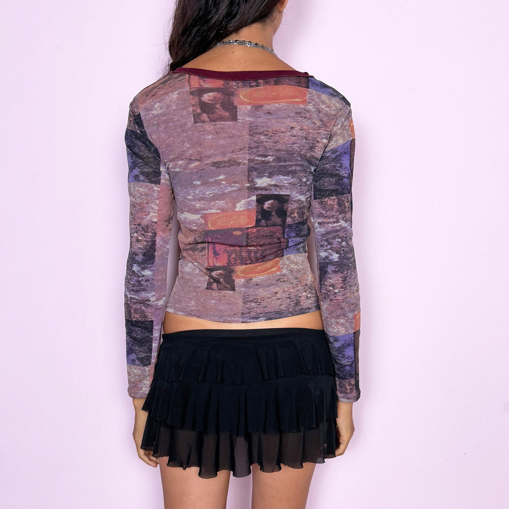 Vintage Graphic Mesh Top Face Deconstructed Avant Garde Y2K 2000s Size M