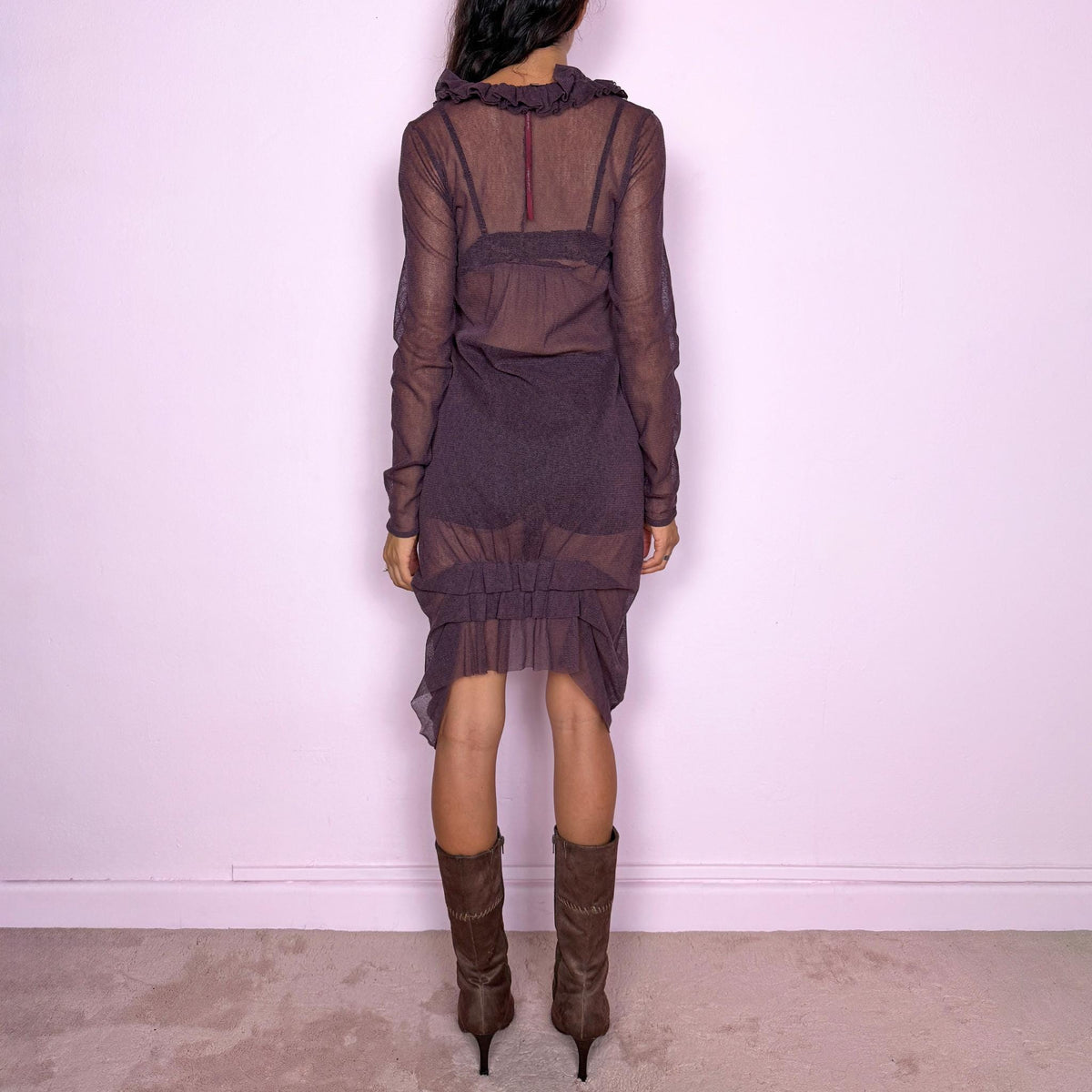 Vintage Sheer Midi Dress Cop Copine Purple Ruffle Avant Garde Y2K 2000s Size M
