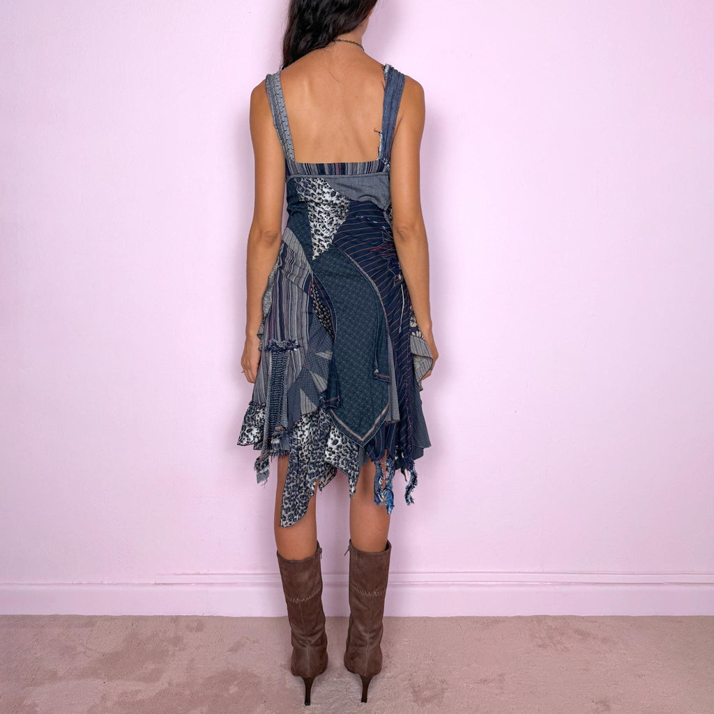 Vintage Midi Dress Blue Patchwork Deconstructed Avant Garde Y2K 2000s Size M