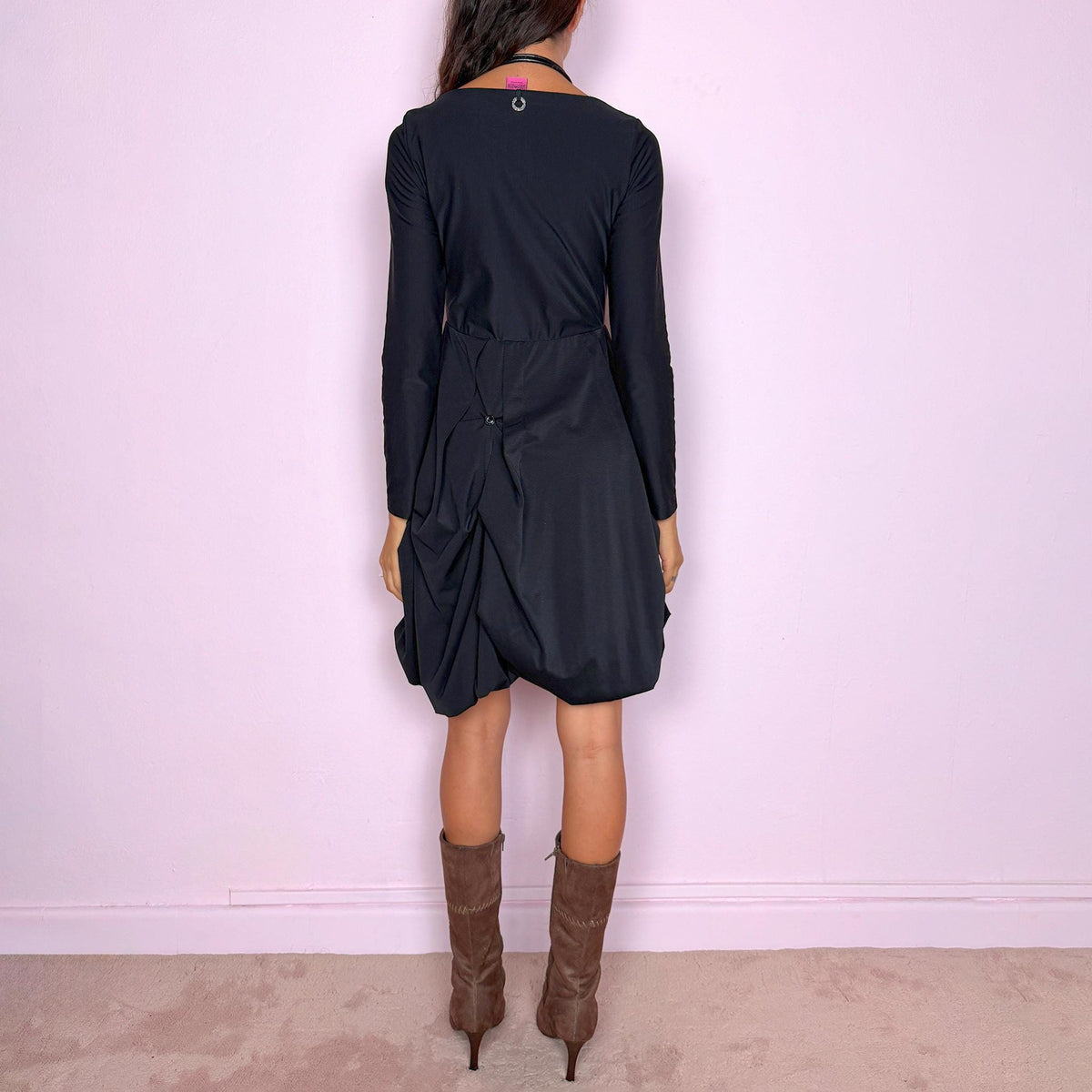 Vintage Black Mini Dress Save The Queen Bubble Draped Avant Garde Y2K 2000s Size S