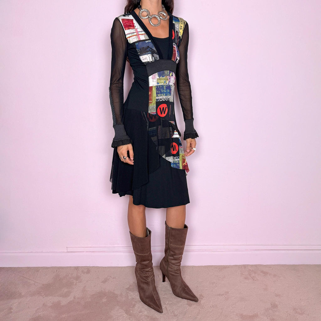 Vintage 2000s black midi dress featuring a stretchy fitted base with semi-sheer long sleeves and a layered deconstructed graphic construction through the front. Designed with an asymmetric mix of collage-style printed panels, text and bold multicolor motifs, plus contrasting ribbed sections and ruffled cuff details. The combination of sheer fabric, irregular paneling and graphic artwork gives it an avant-garde Y2K art-to-wear look.