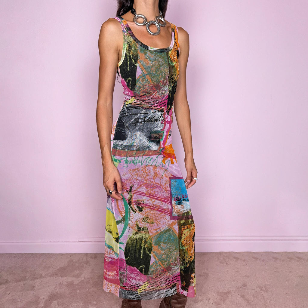Vintage 2000s fitted mesh midi dress. Featuring a body-skimming sleeveless silhouette with a scoop neckline and a bold maximalist art graphic print in pink, orange, green, blue, and black tones. The lightweight semi-sheer mesh and collage-inspired print give it a distinctly Y2K art-to-wear feel with an avant-garde edge. It has a brown lining. From a French brand, made in France from a stretchy polyamide and polyester blend. Excellent vintage condition.