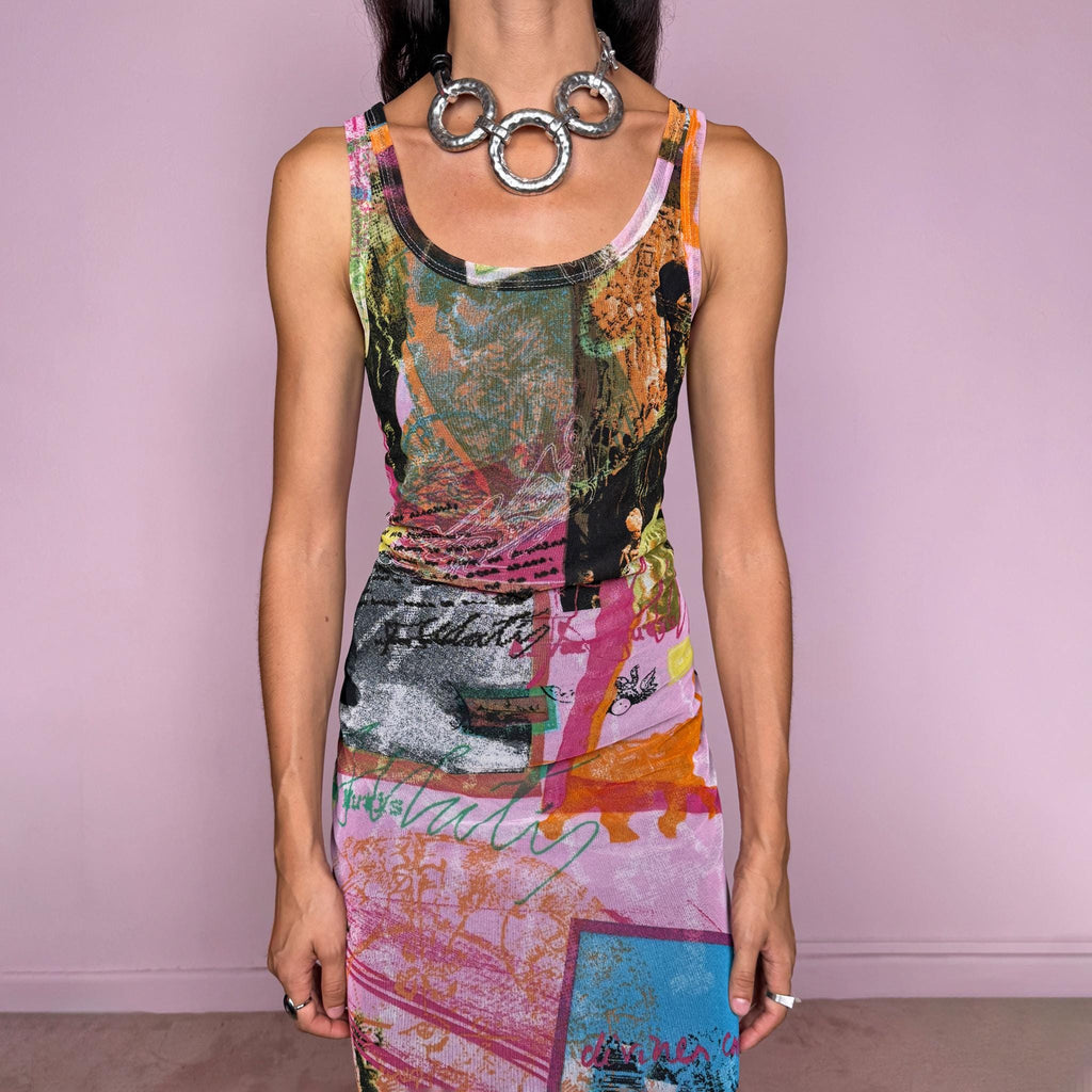 Vintage 2000s fitted mesh midi dress. Featuring a body-skimming sleeveless silhouette with a scoop neckline and a bold maximalist art graphic print in pink, orange, green, blue, and black tones. The lightweight semi-sheer mesh and collage-inspired print give it a distinctly Y2K art-to-wear feel with an avant-garde edge. It has a brown lining. From a French brand, made in France from a stretchy polyamide and polyester blend. Excellent vintage condition.